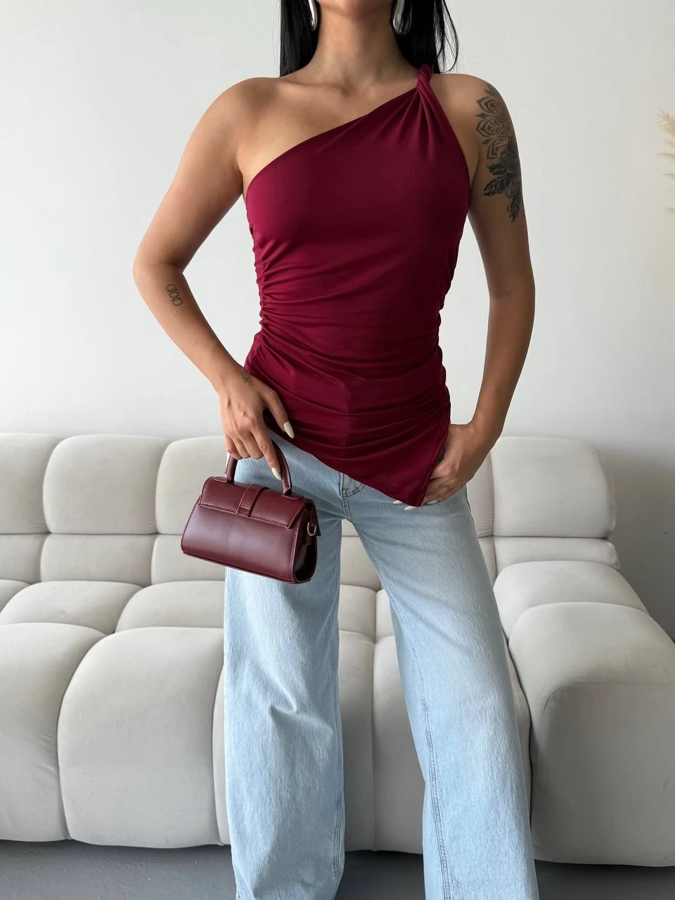 Kadın Bordo Tek Omuz Asimetrik Kesim Sandy Bluz HZL25S-FRY123241