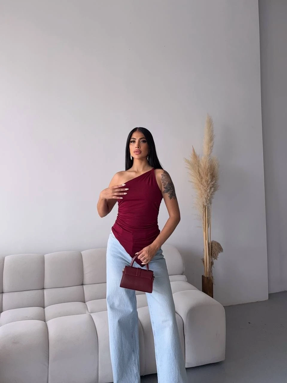 Kadın Bordo Tek Omuz Asimetrik Kesim Sandy Bluz HZL25S-FRY123241