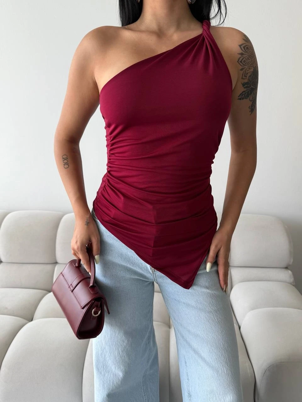 Kadın Bordo Tek Omuz Asimetrik Kesim Sandy Bluz HZL25S-FRY123241