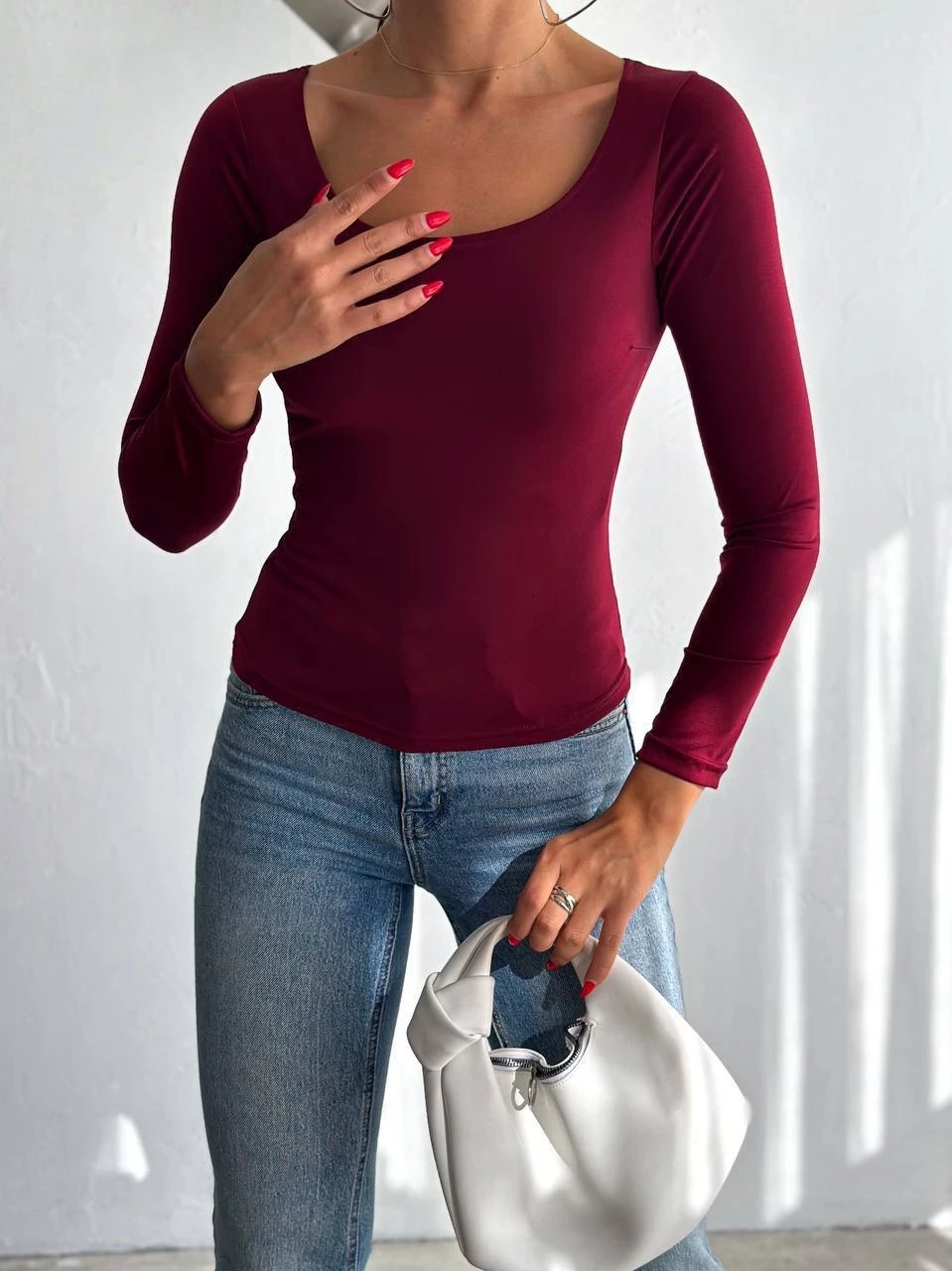 Kadın Bordo U Yaka Uzun Kollu Sandy Bluz HZL25S-FRY122471