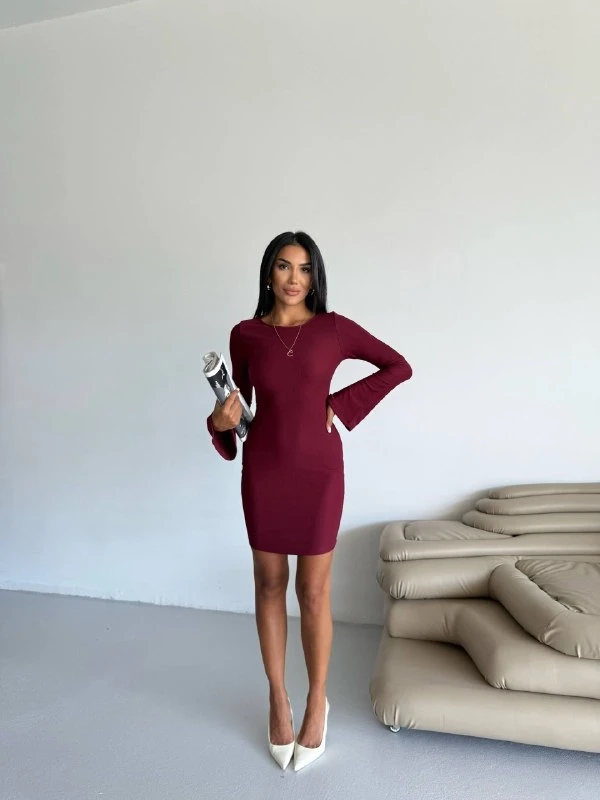 Kadın Bordo Uzun Kol Ottomon Kumaş Elbise HZL25W-FRY123341