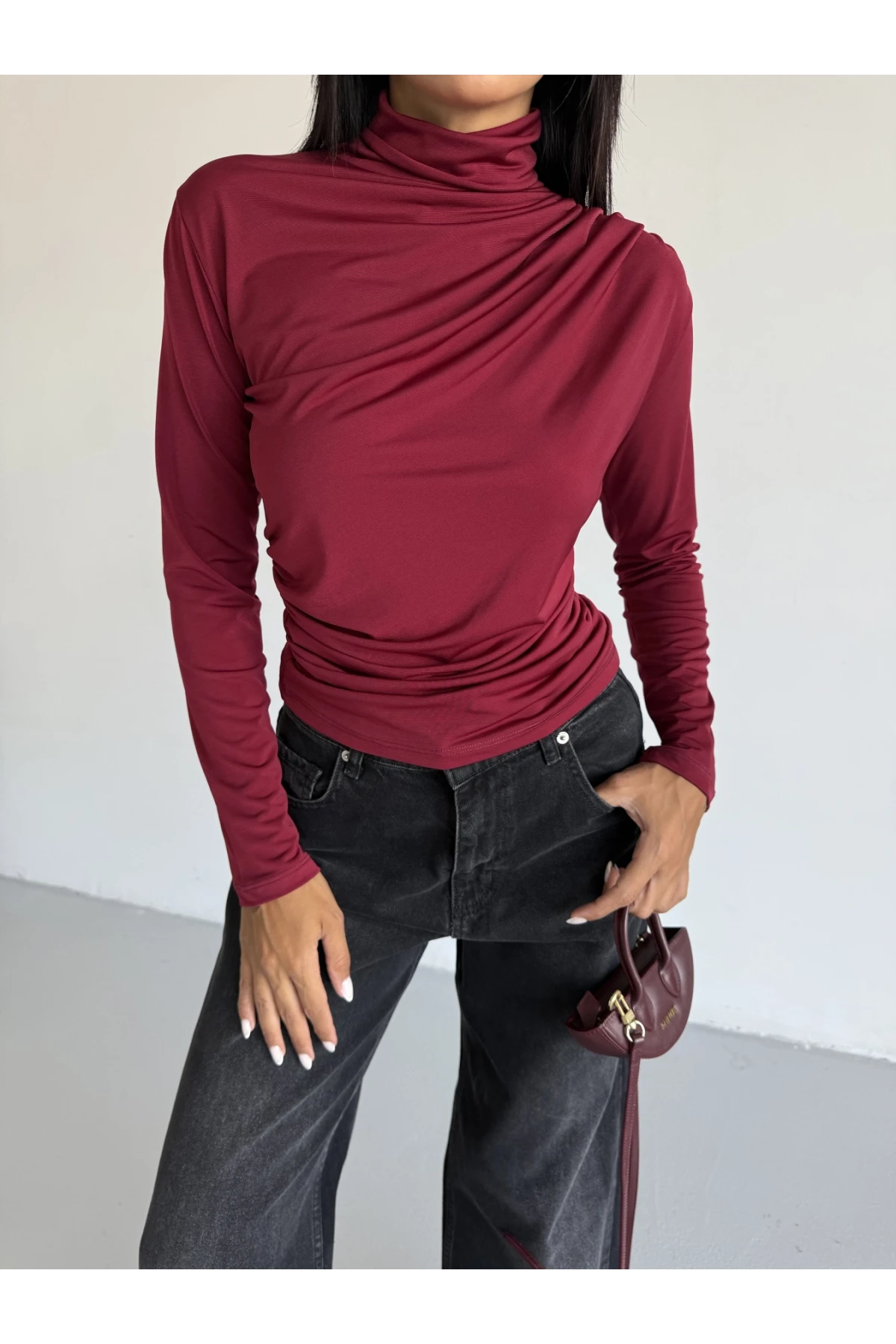 Kadın Bordo Uzun Kollu Drape Detaylı Boğazlı Sandy Bluz HZL25W-FRY123301