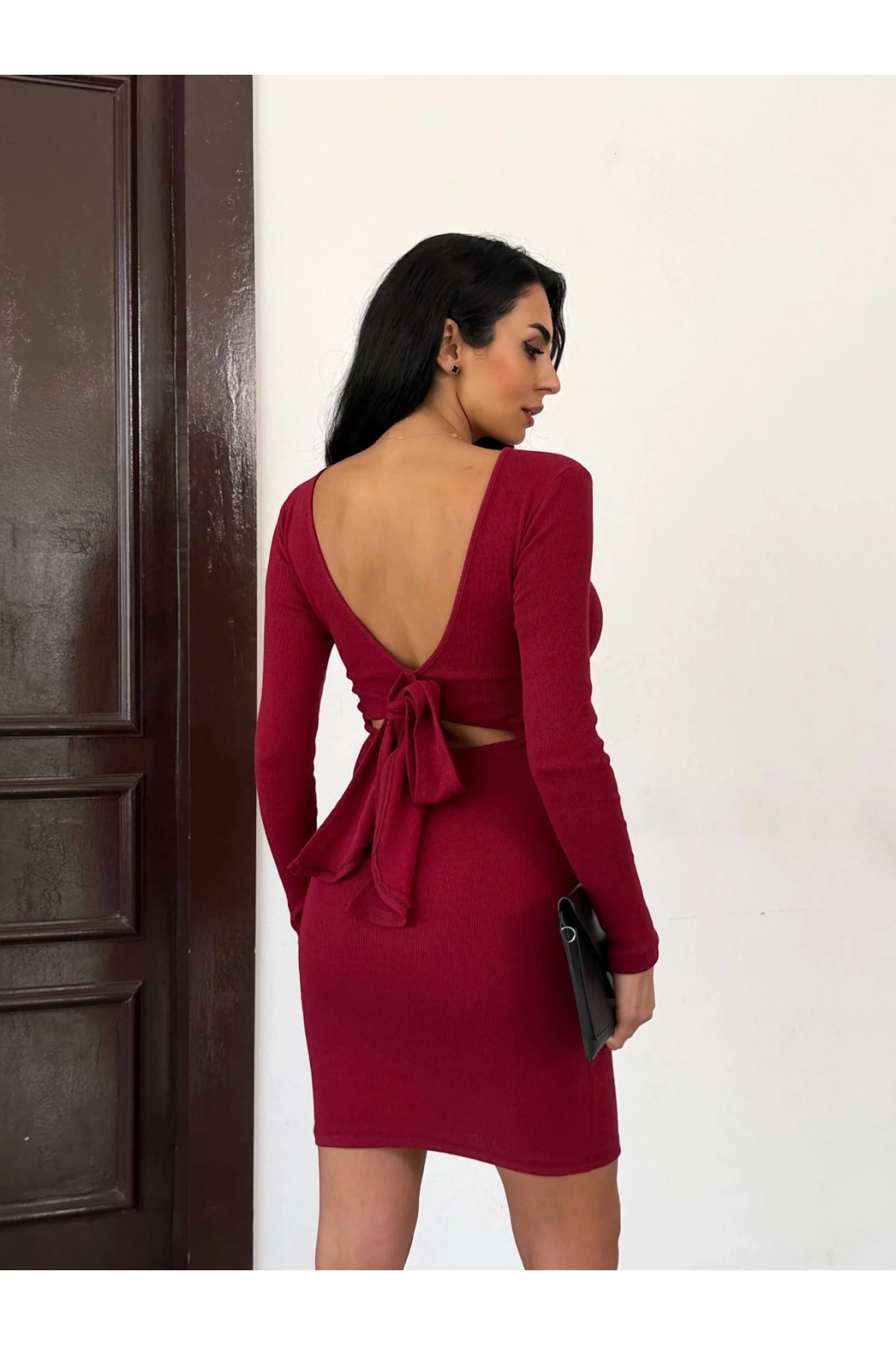 Kadın Bordo Uzun Kollu İp Bağlamalı Sırt Dekolteli Kaşkorse Mini Elbise HZL25W-FRY120411