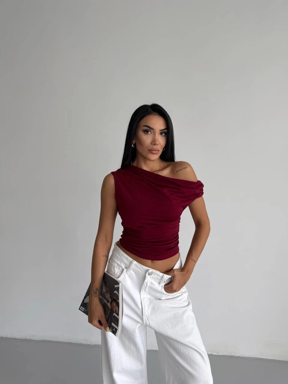 Kadın Bordo Yandan Drapeli Kayık Yaka Sandy Bluz HZL25S-FRY123201