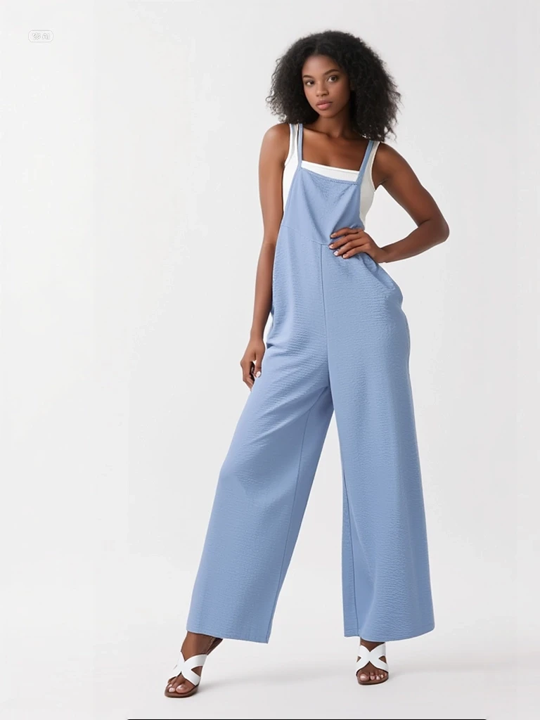 Kadın Buz Mavi Ayarlanabilir Askılı Cepli Bol Paça Bahçıvan Tulum HZL22S-BD170191