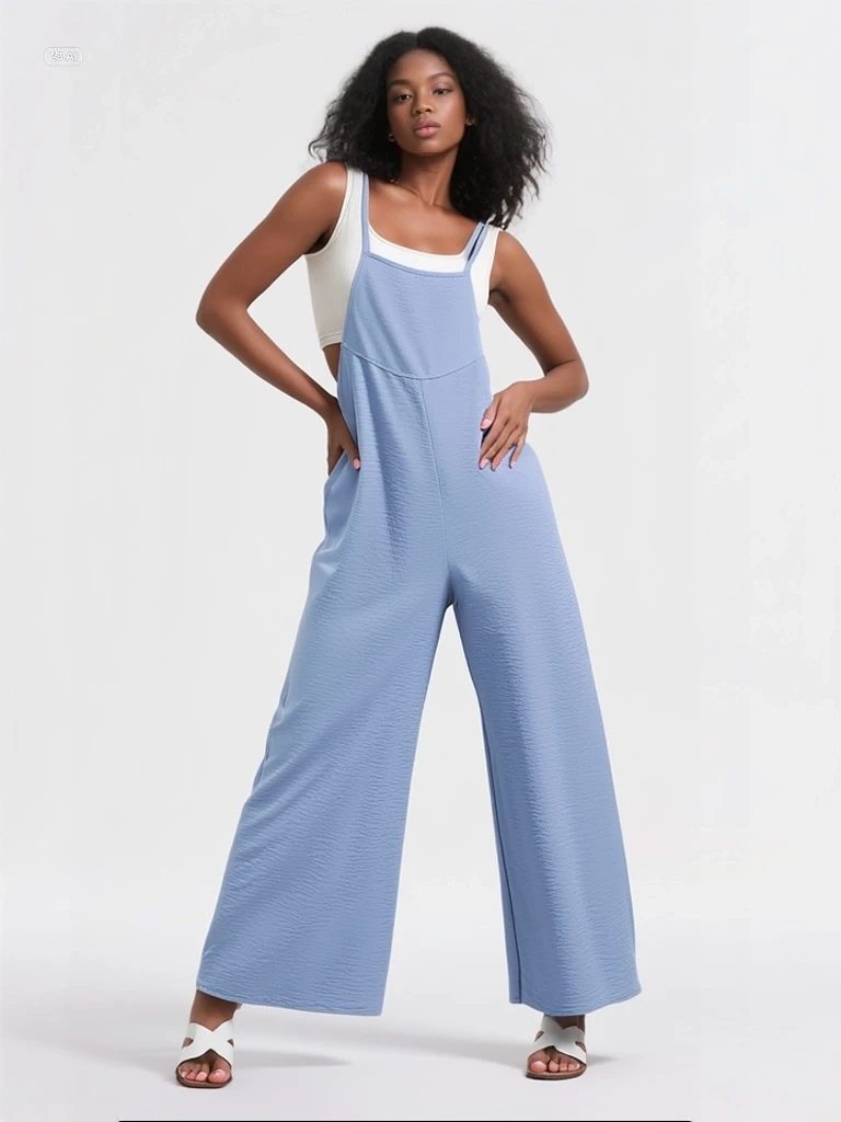 Kadın Buz Mavi Ayarlanabilir Askılı Cepli Bol Paça Bahçıvan Tulum HZL22S-BD170191