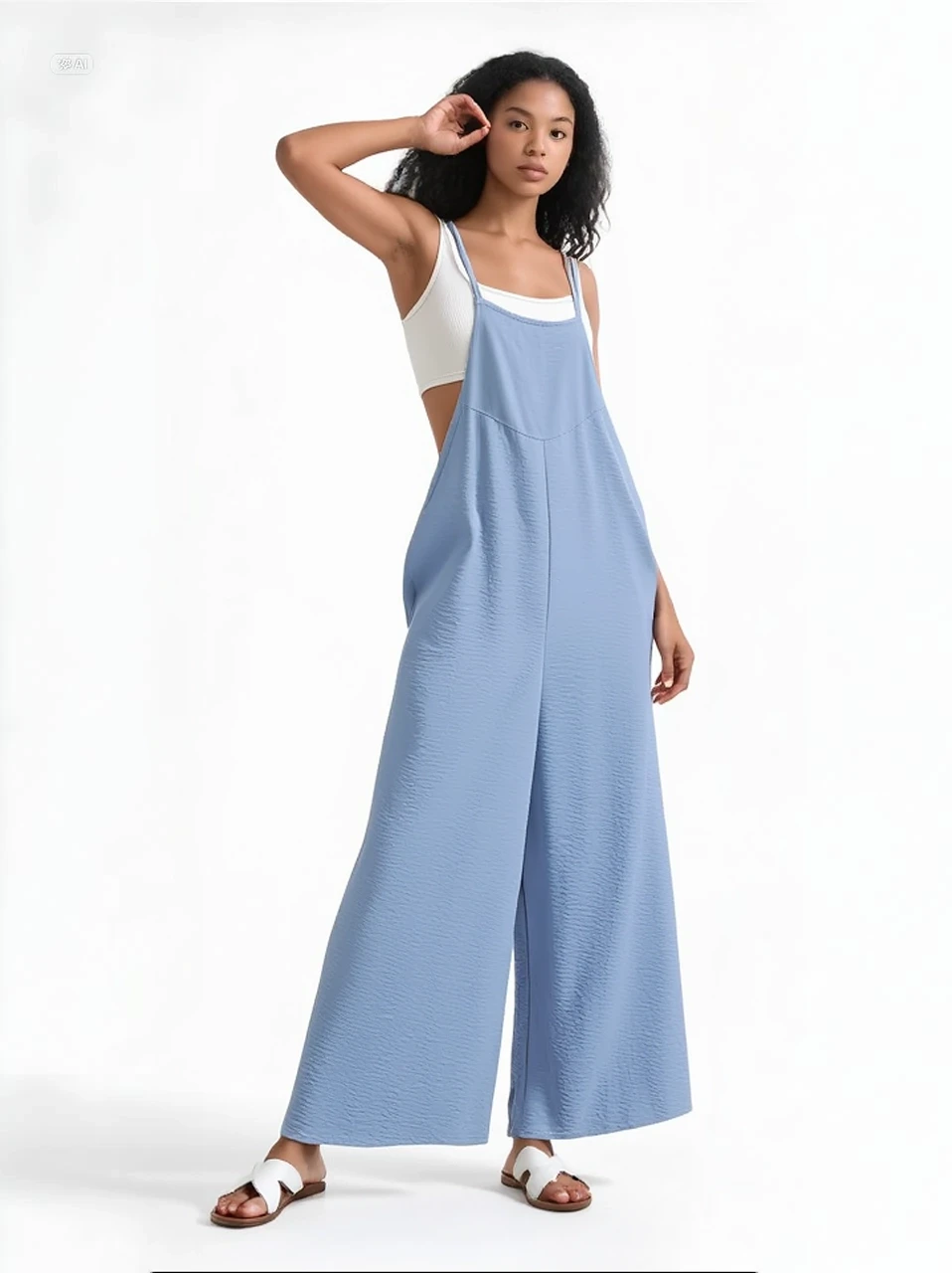 Kadın Buz Mavi Ayarlanabilir Askılı Cepli Bol Paça Bahçıvan Tulum HZL22S-BD170191