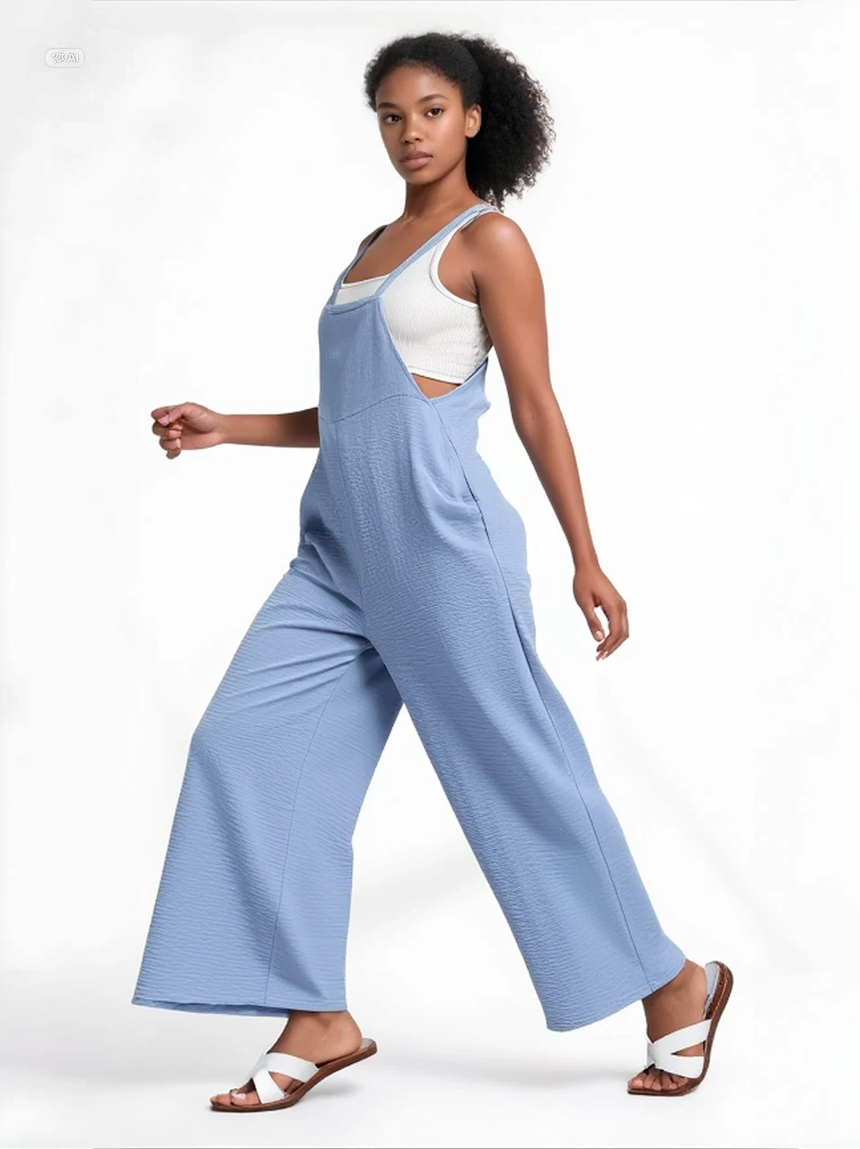 Kadın Buz Mavi Ayarlanabilir Askılı Cepli Bol Paça Bahçıvan Tulum HZL22S-BD170191