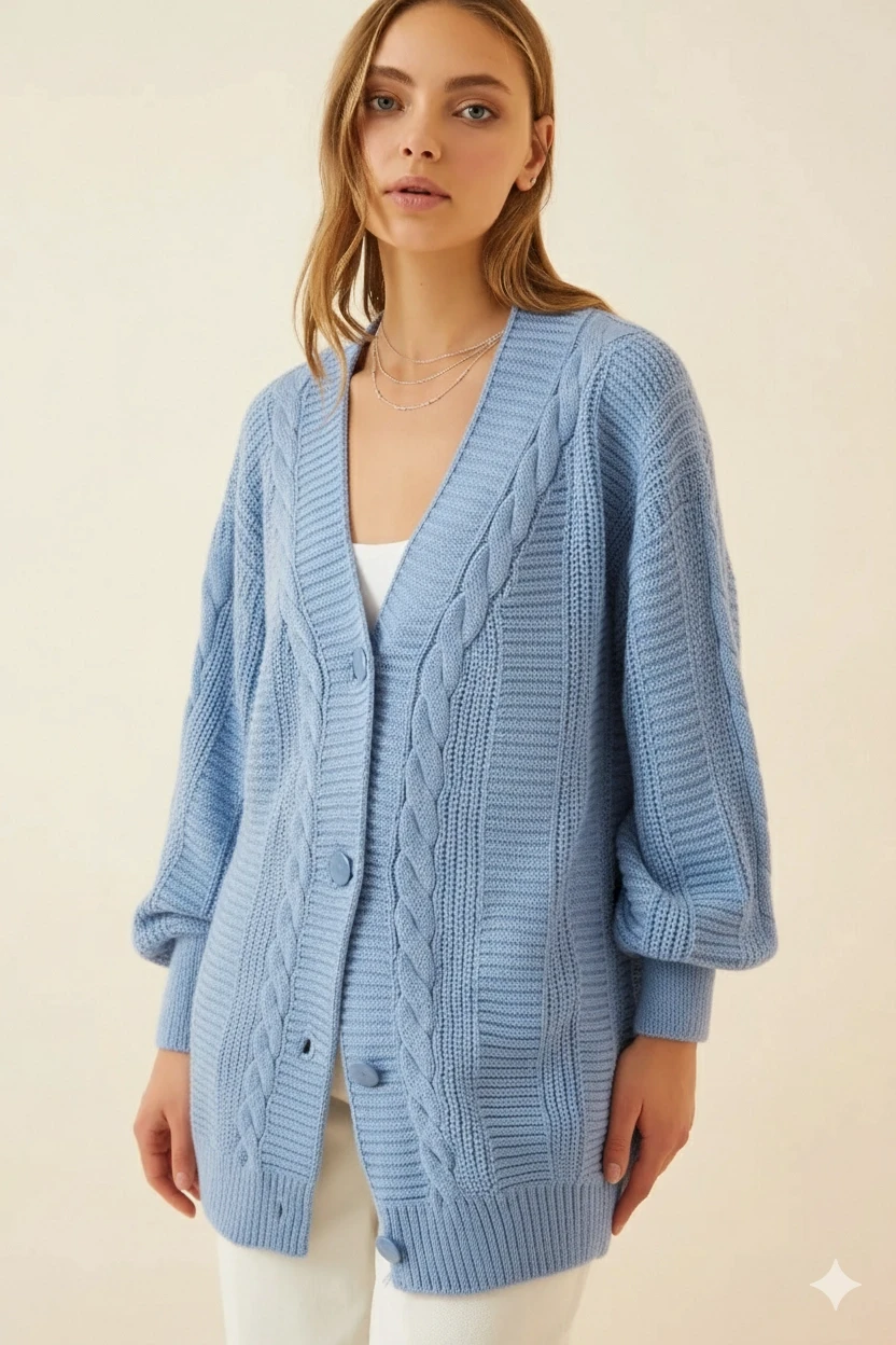 Kadın Buz Mavi Saç Örgü Desen Uzun Düğmeli Rahat Kesim Triko Hırka HZL23W-BD1100691