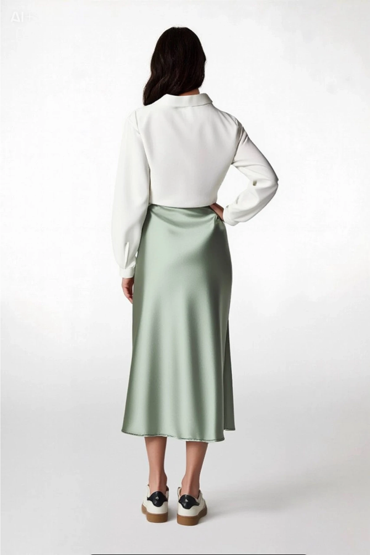 Kadın Çağla Saten Yüzeyli Beli Lastikli Midi Boy Etek Hzl23s-bd1101471