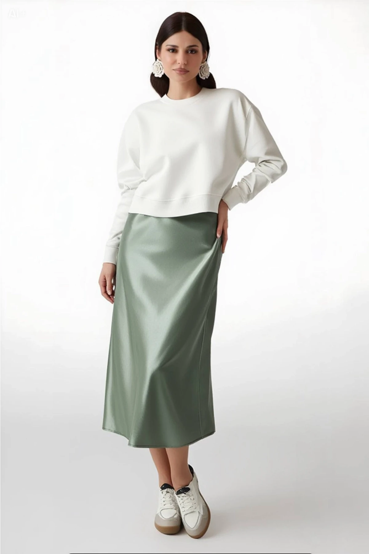Kadın Çağla Saten Yüzeyli Beli Lastikli Midi Boy Etek Hzl23s-bd1101471