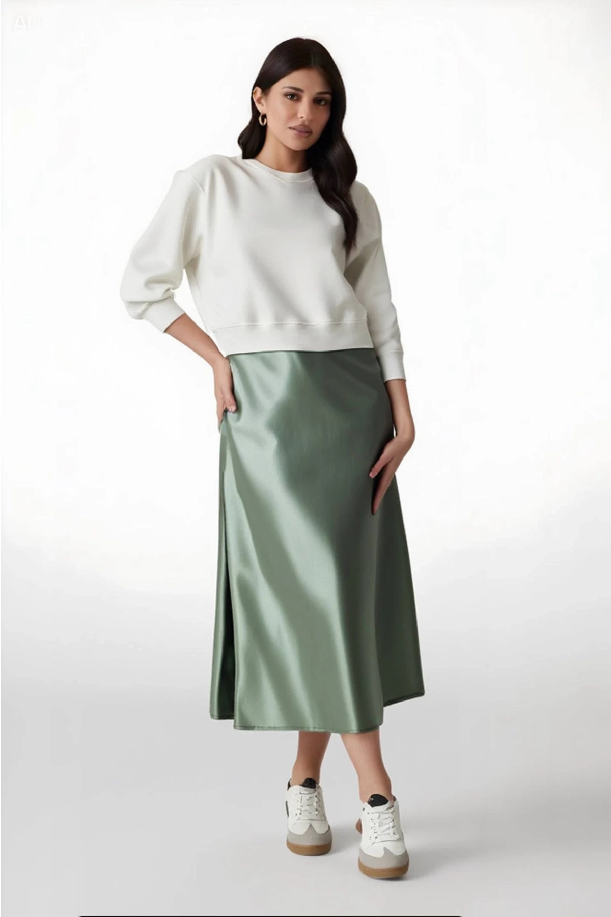 Kadın Çağla Saten Yüzeyli Beli Lastikli Midi Boy Etek Hzl23s-bd1101471