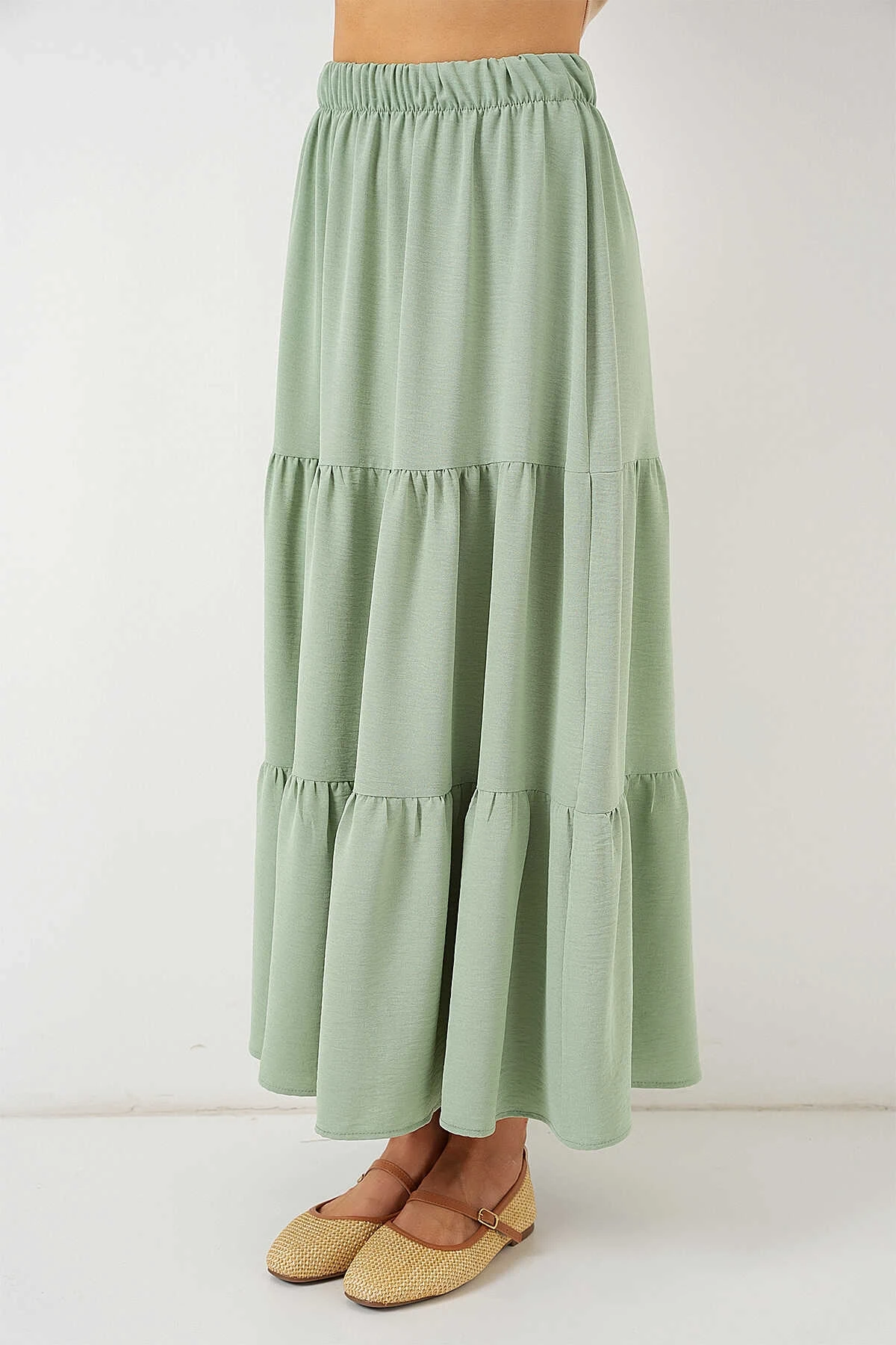 Kadın Çağla Yeşil Beli Lastikli Ayrobin Uzun Etek HZL25S-BD180481