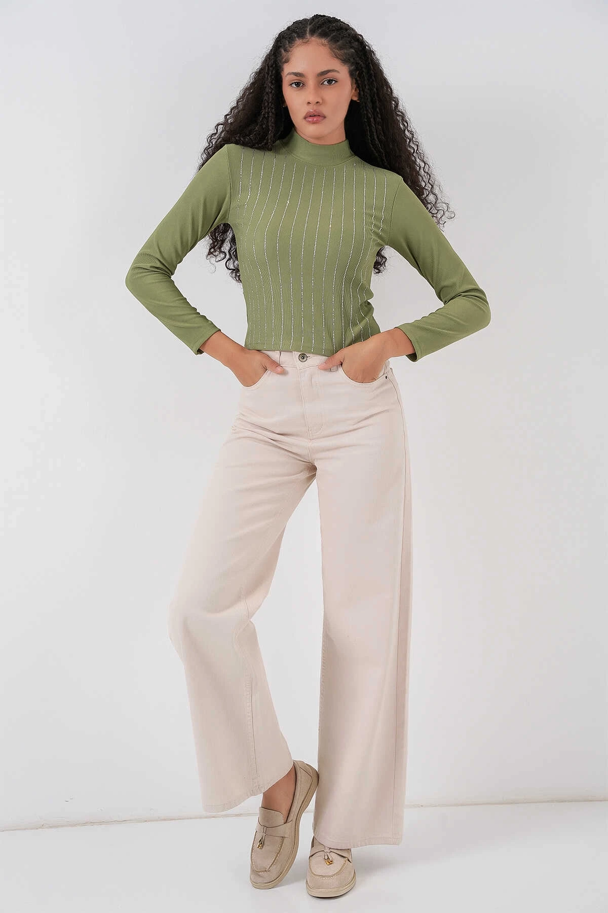 Kadın Çağla Yeşil Yarım Balıkçı Önü Taşlı Body HZL25W-BD19221