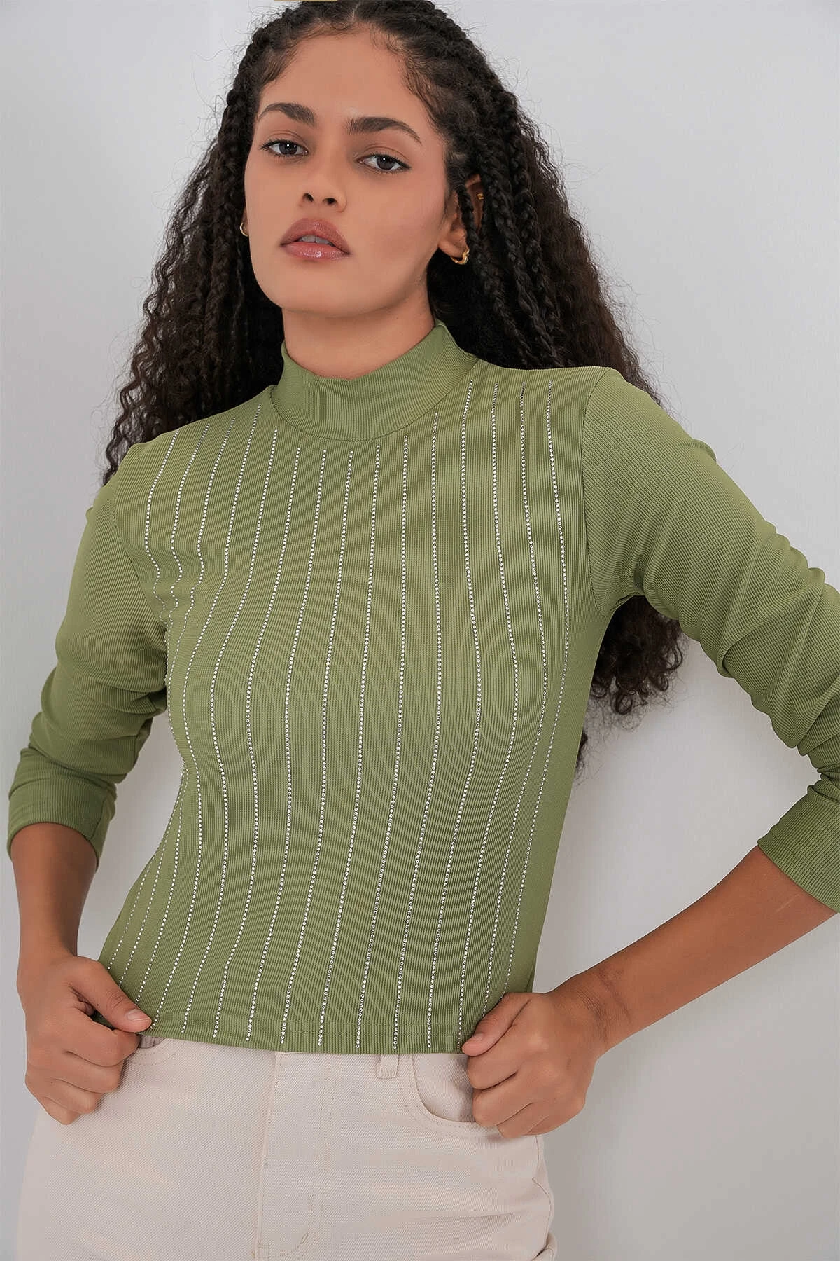 Kadın Çağla Yeşil Yarım Balıkçı Önü Taşlı Body HZL25W-BD19221