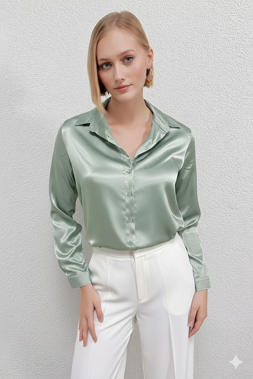 Kadın Çağla Yeşili Hafif Dökümlü Saten Yüzeyli Gömlek Hzl22w-bd139641