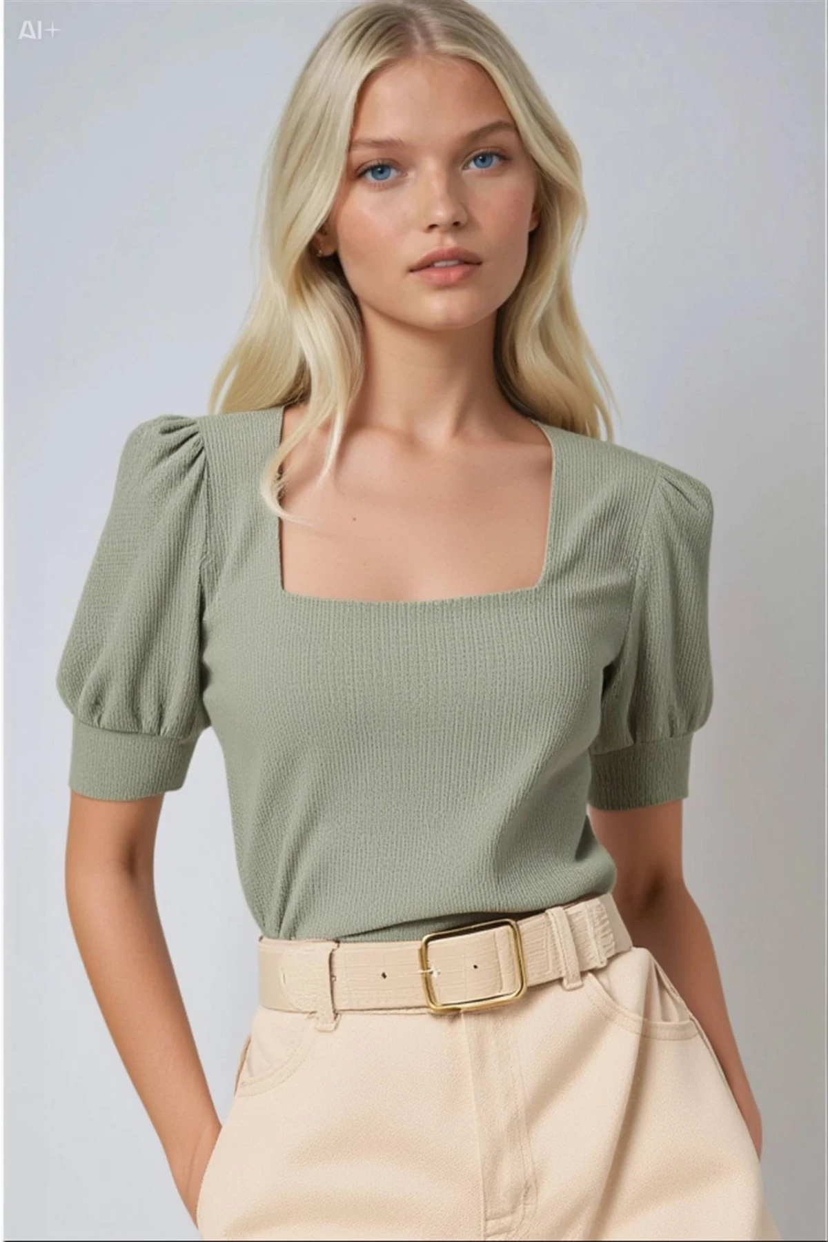 Kadın Çağla Yeşili Kare Yaka Örme Bluz HZL22W-BD104091