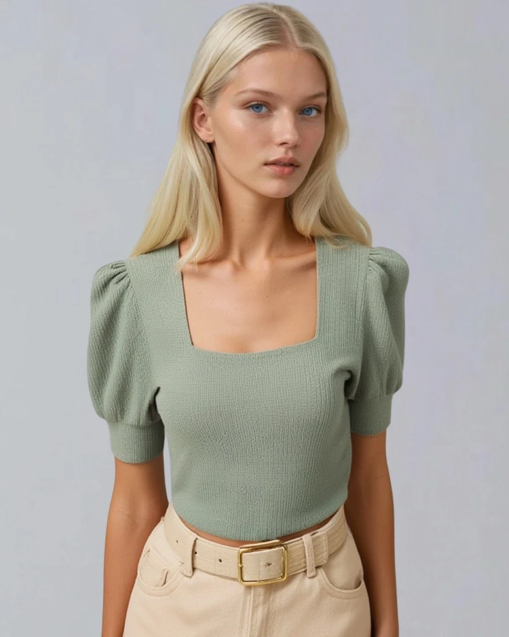 Kadın Çağla Yeşili Kare Yaka Örme Bluz HZL22W-BD104091