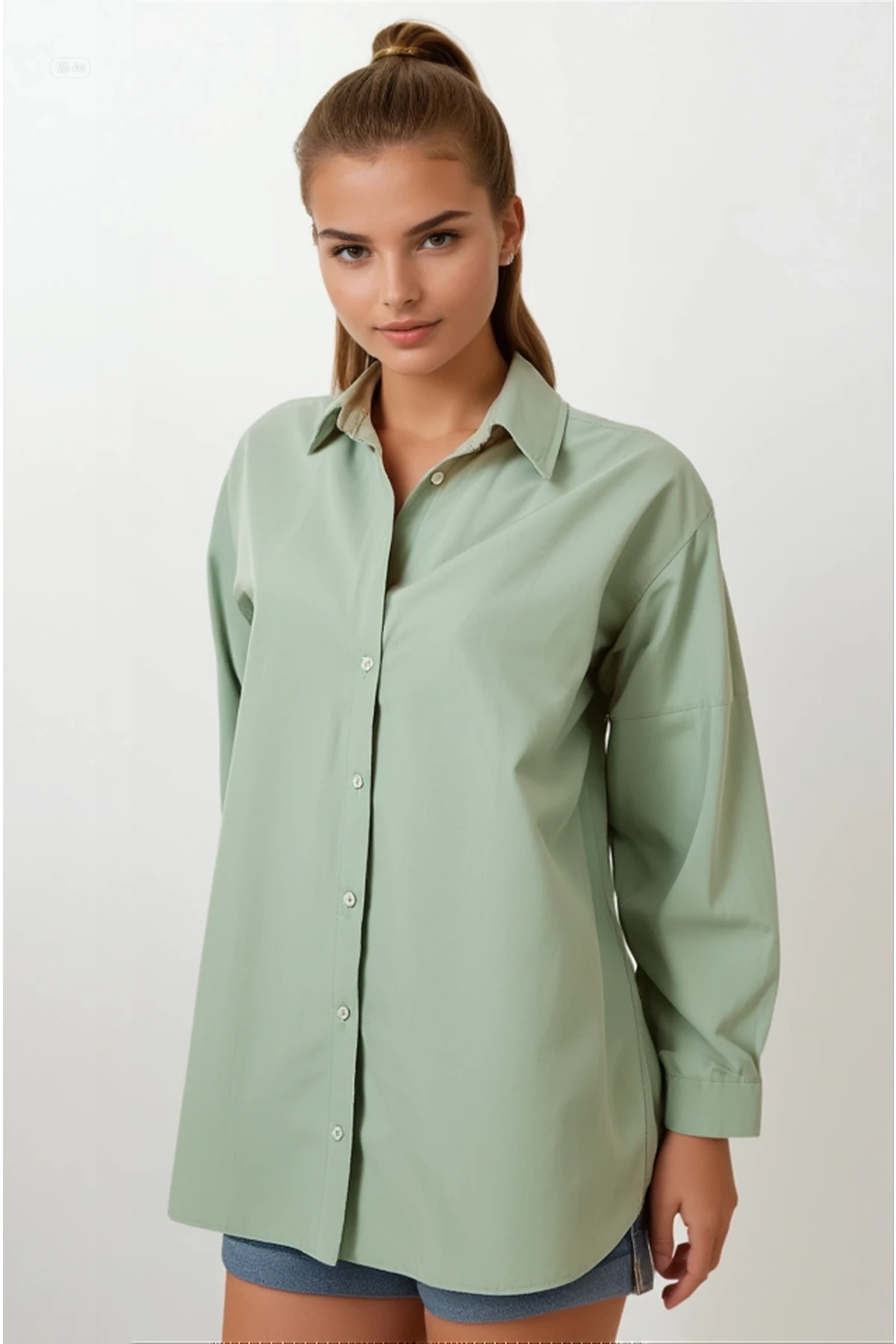 Kadın Çağla Yeşili Oversize Uzun Basic Gömlek Hzl22w-bd139001