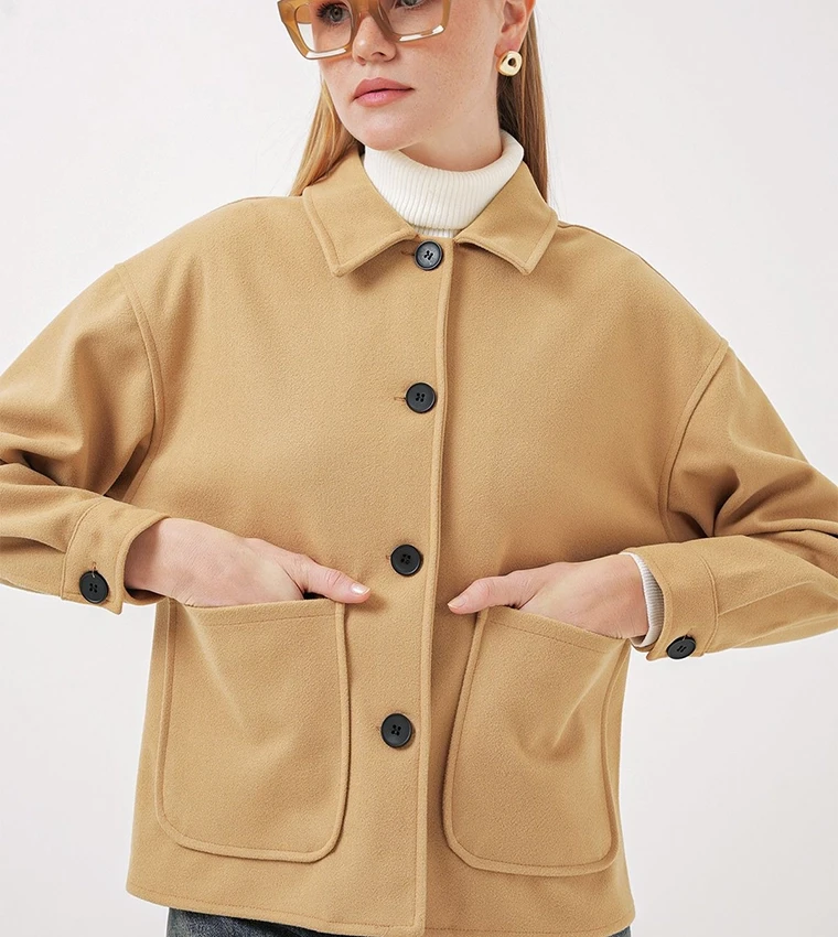 Kadın Camel Düğmeli Cepli Kısa Kaşe Ceket HZL25W-BD107131
