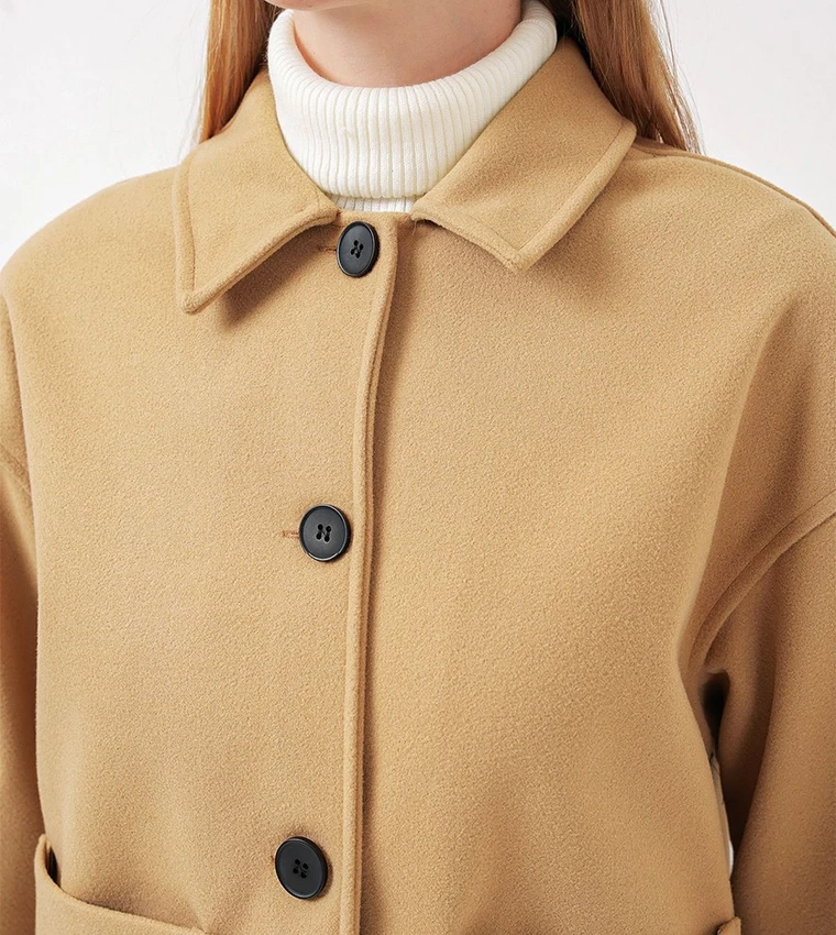 Kadın Camel Düğmeli Cepli Kısa Kaşe Ceket HZL25W-BD107131