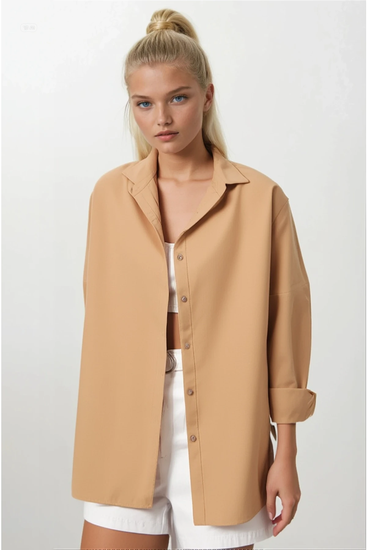 Kadın Camel Oversize Uzun Basic Gömlek  HZL22W-BD139001