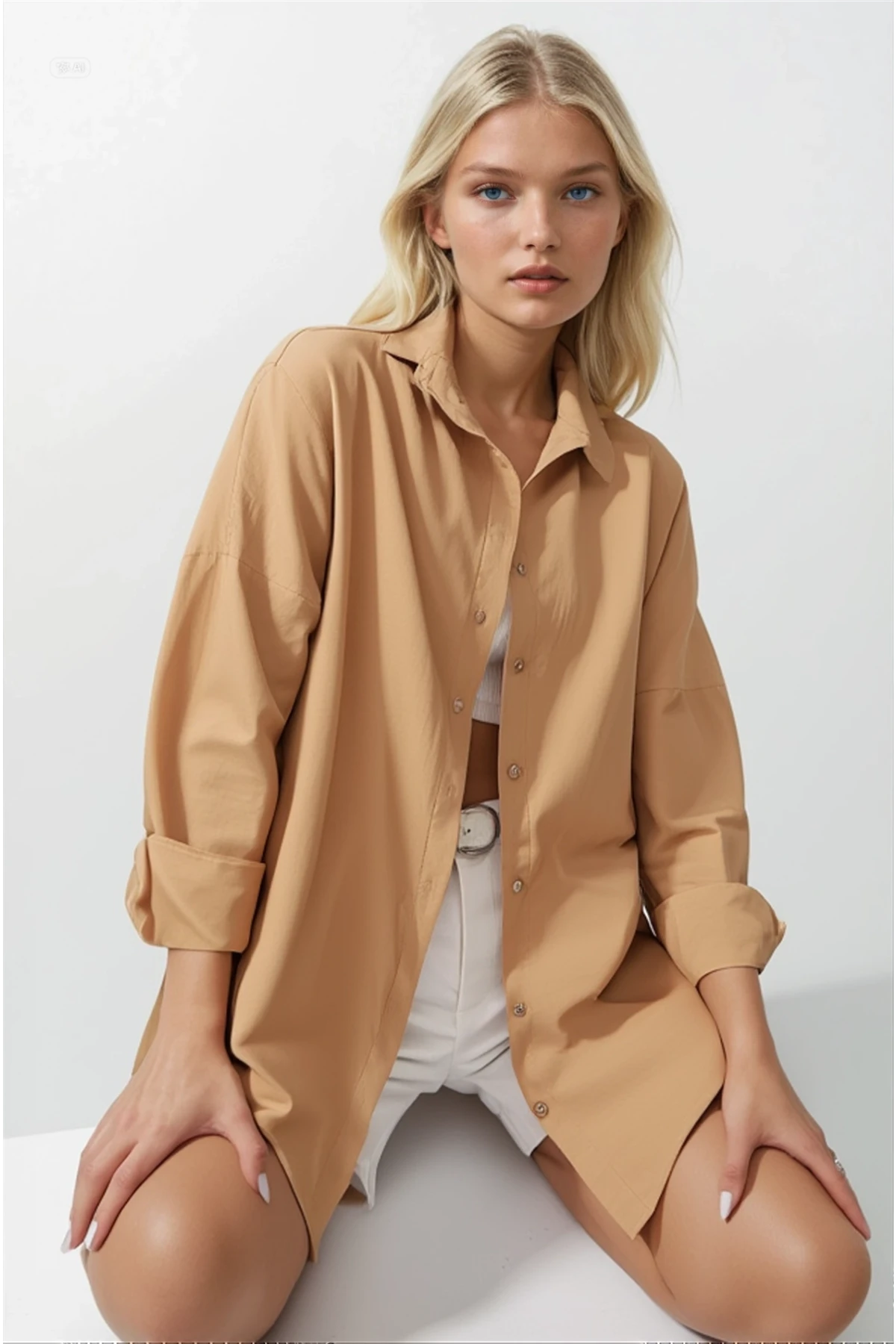 Kadın Camel Oversize Uzun Basic Gömlek  HZL22W-BD139001