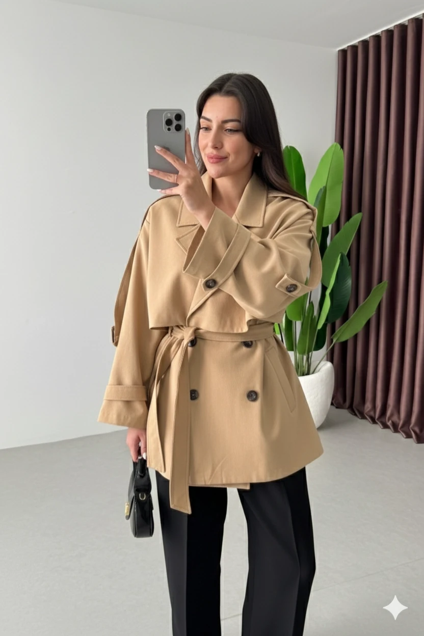 Kadın Camel Premium Midi Boy Astarlı Kaşe Kaban HZL25W-BD191571