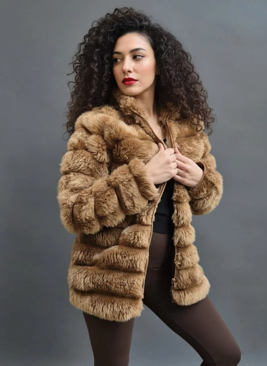 Kadın Camel Şık Peluş Suni Kürk Ceket HZL23W-DSB110061