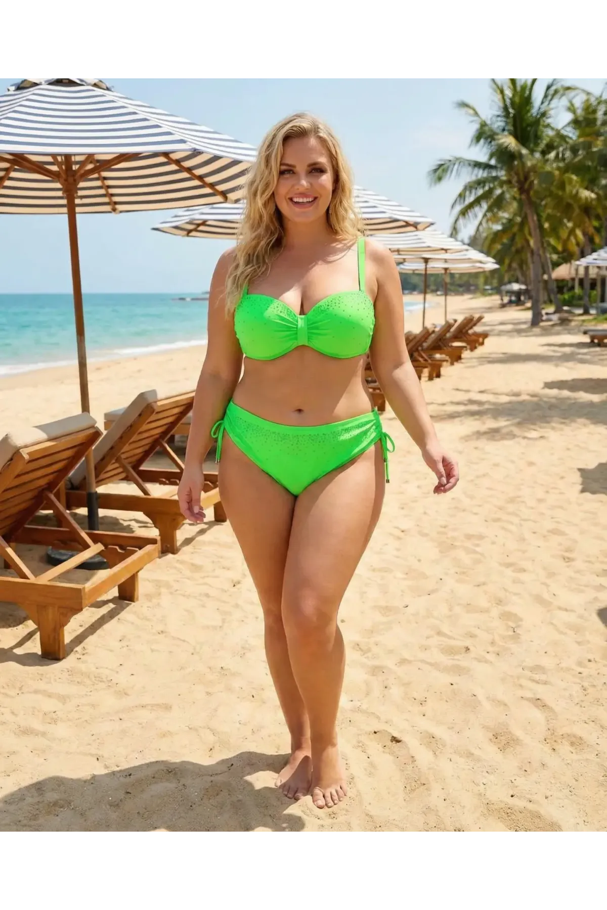 Kadın Canlı Yeşil Taş İşlemeli Astarlı Bikini Takım HZL25S-LC3361