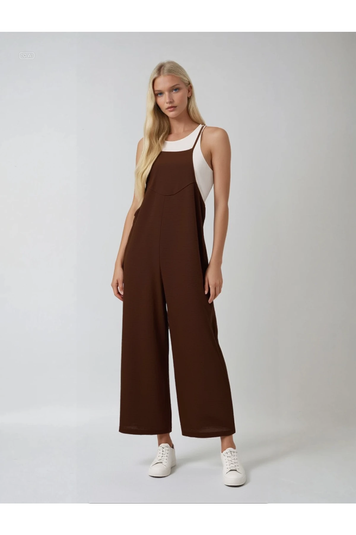 Kadın Çikolata Ayarlanabilir Askılı Cepli Bol Paça Bahçıvan Tulum HZL22S-BD170191