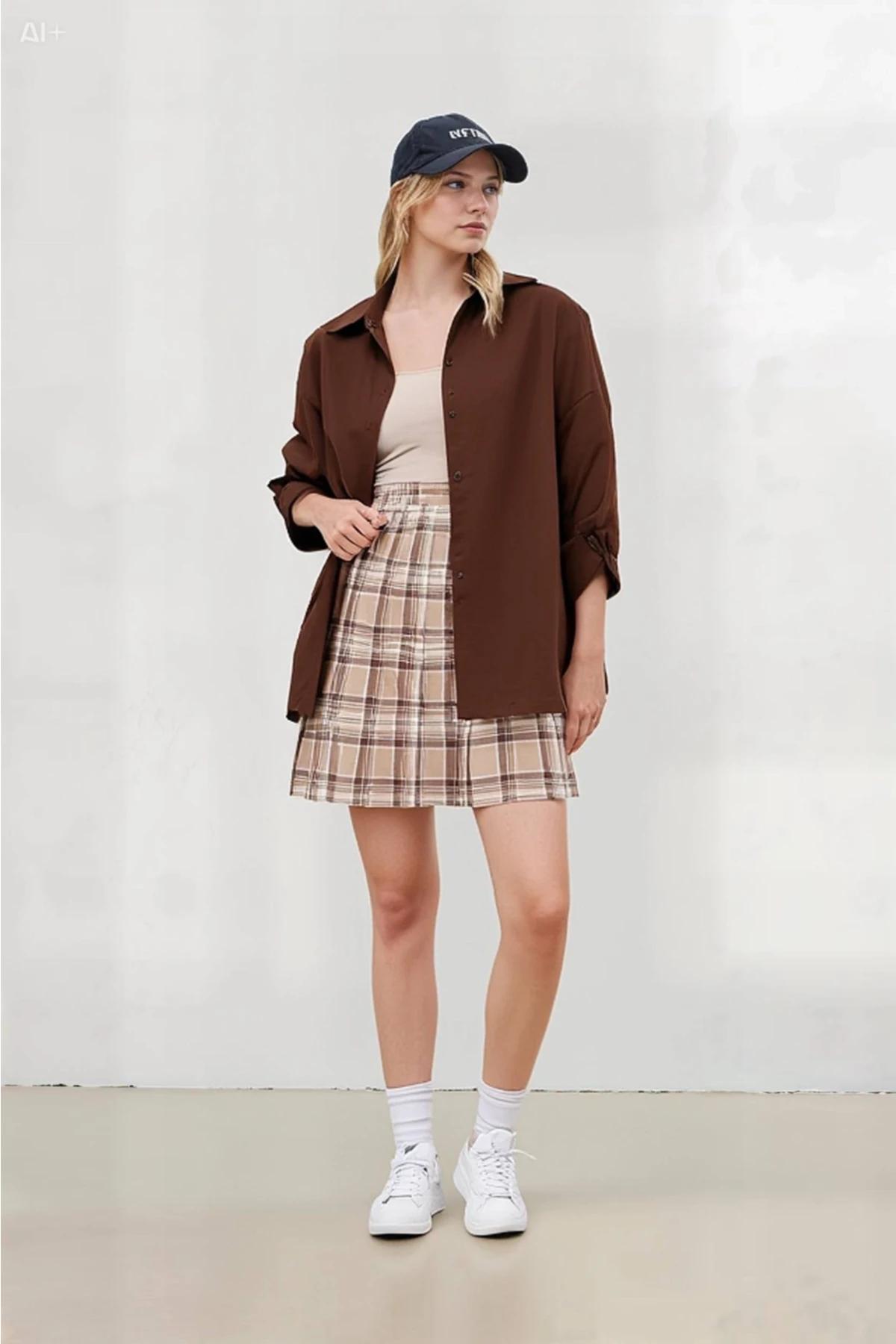 Kadın Çikolata Oversize Uzun Basic Gömlek Hzl22w-bd139001