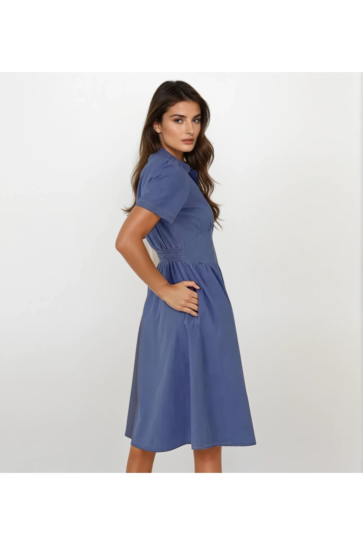 Kadın Denim Kısa Kollu Beli lastikli Yarım Düğmeli Göğüs Pensli Kot Elbise HZL22S-BD122101