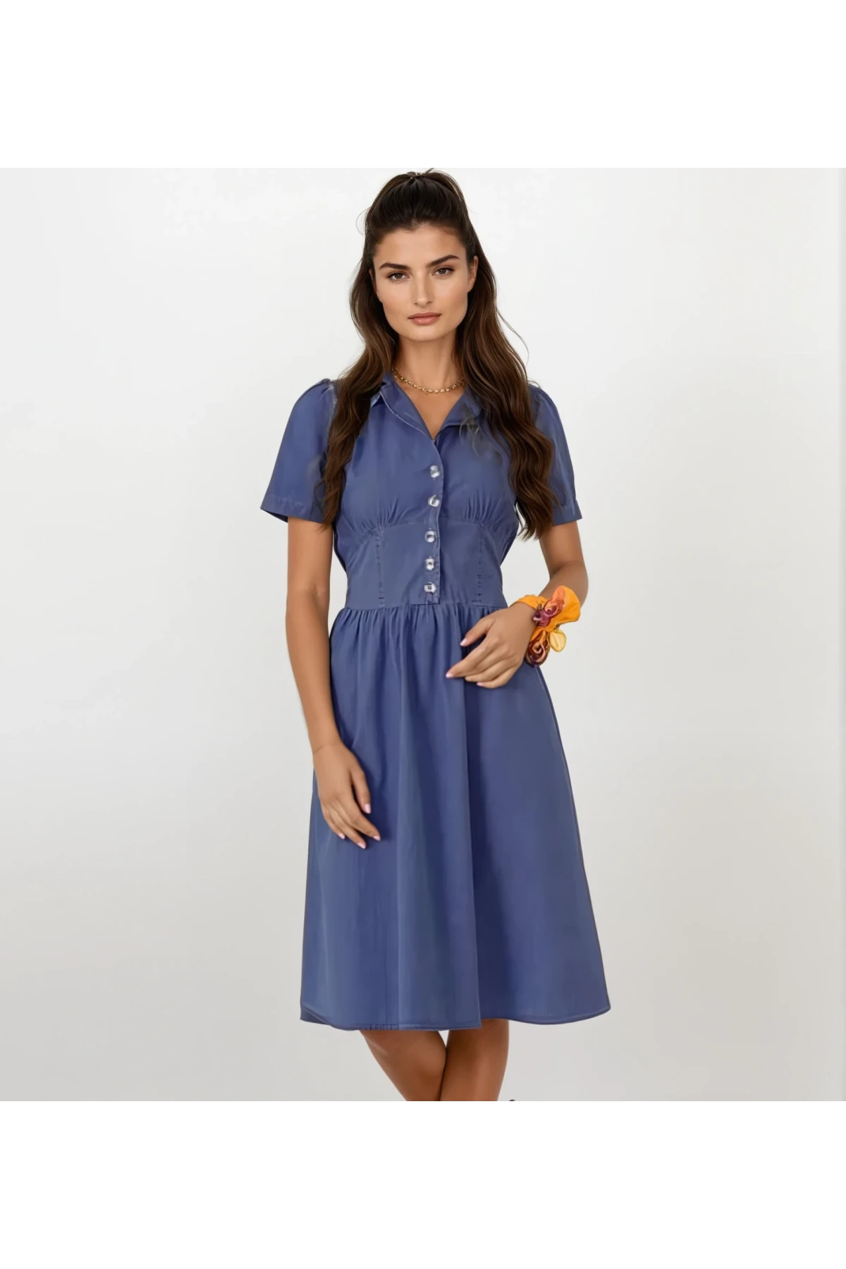 Kadın Denim Kısa Kollu Beli lastikli Yarım Düğmeli Göğüs Pensli Kot Elbise HZL22S-BD122101