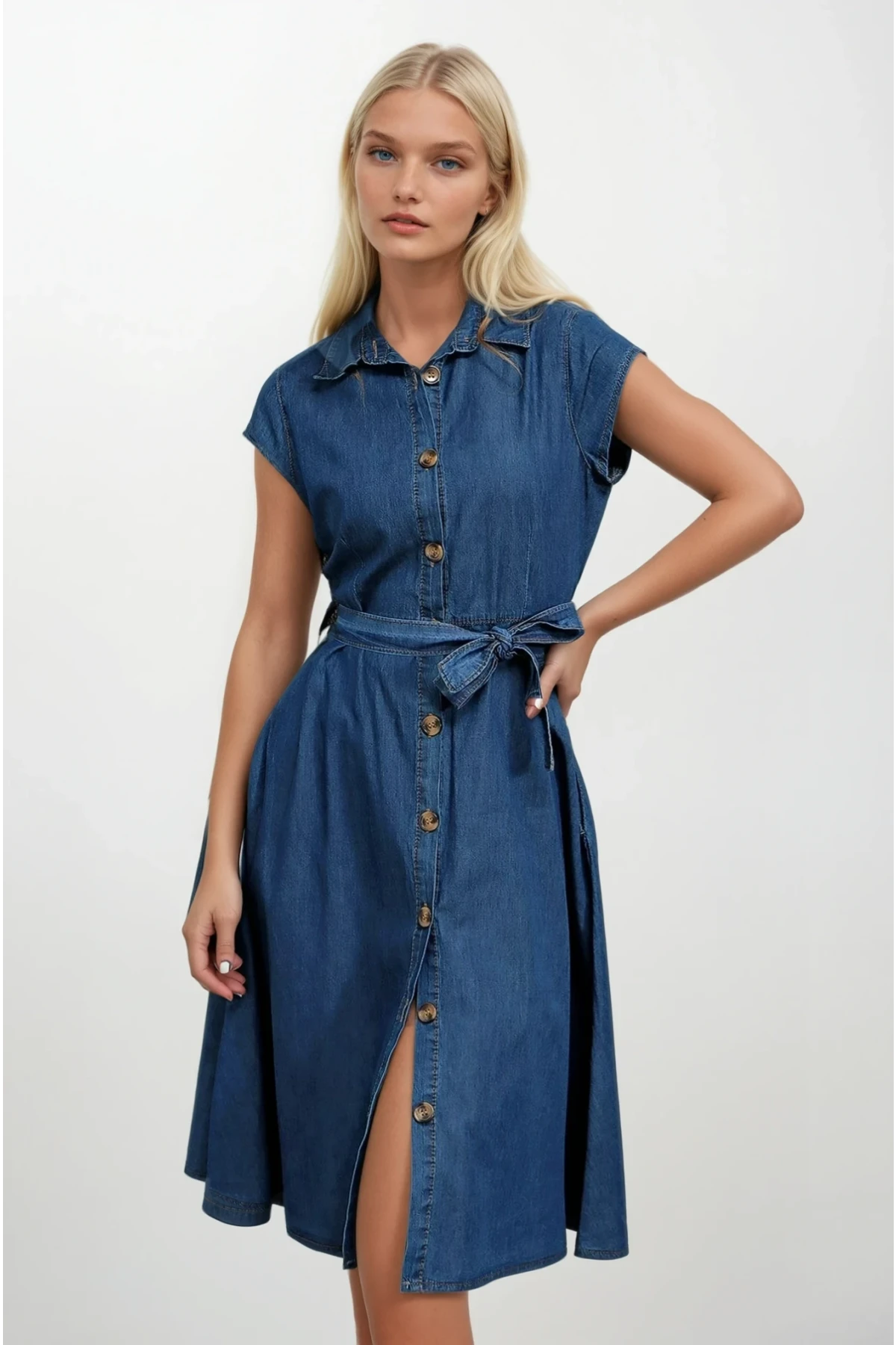 Kadın Denim Kısa Kollu Boydan Düğmeli Beli Kuşaklı Kot Gömlek Elbise Hzl22s-bd121761