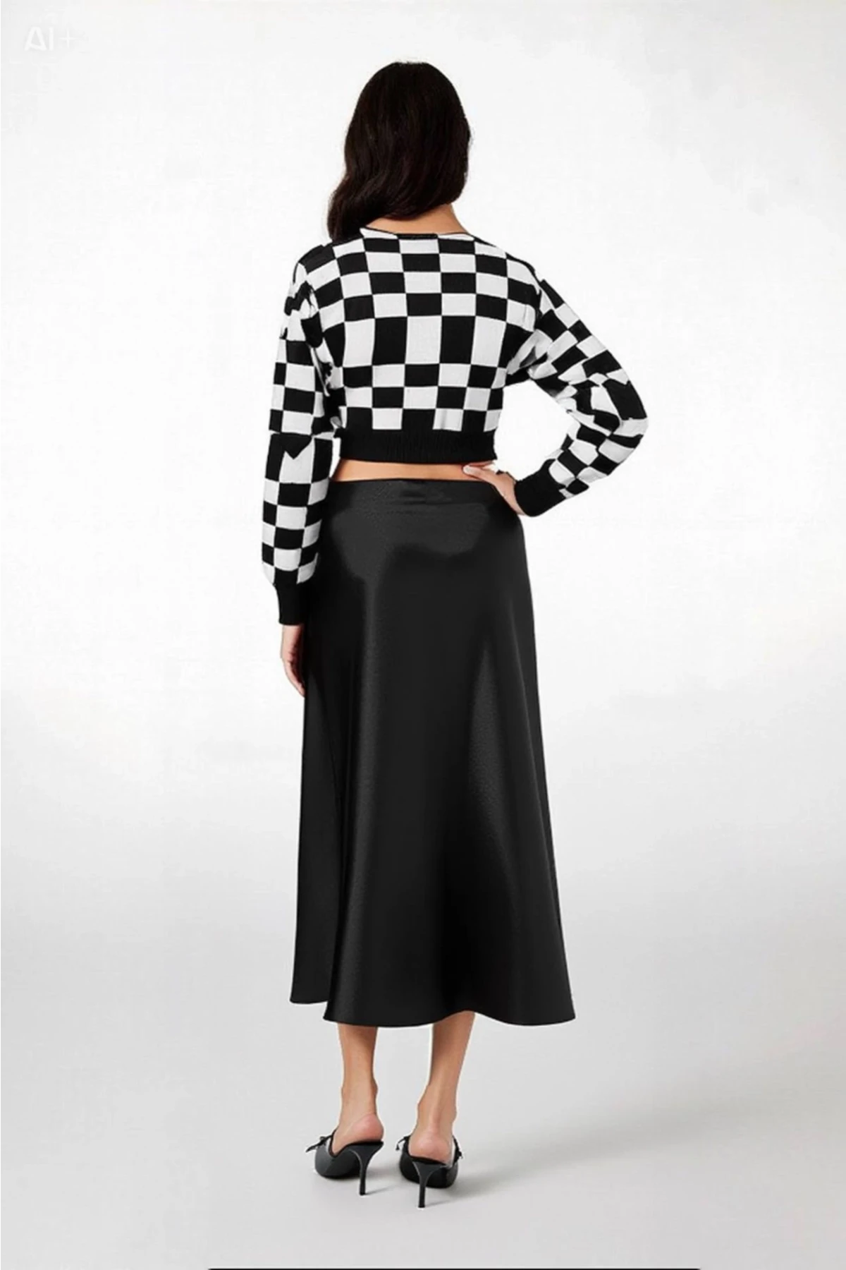 Kadın Düz Siyah Saten Yüzeyli Beli Lastikli Midi Boy Etek Hzl23s-bd1101471