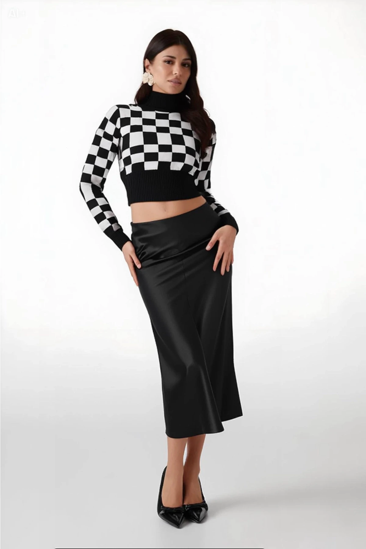 Kadın Düz Siyah Saten Yüzeyli Beli Lastikli Midi Boy Etek Hzl23s-bd1101471