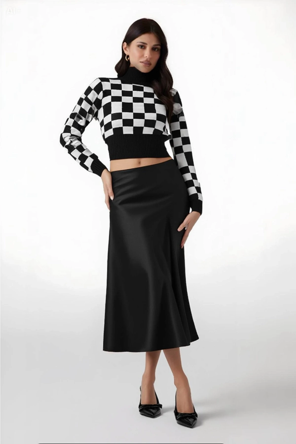 Kadın Düz Siyah Saten Yüzeyli Beli Lastikli Midi Boy Etek Hzl23s-bd1101471