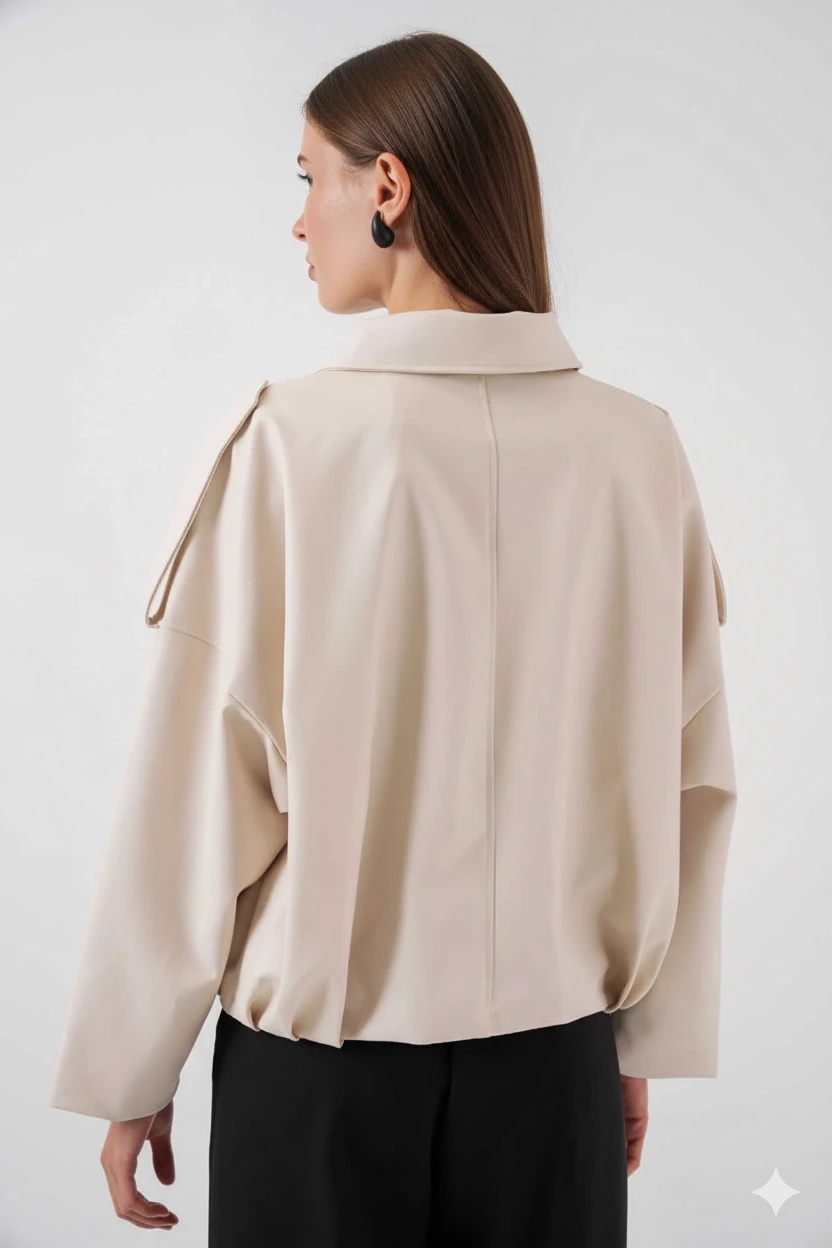 Kadın Ekru Oversize Fermuarlı ve Düğmeli Yandan Cepli Suni Deri Ceket HZL25W-BD110551