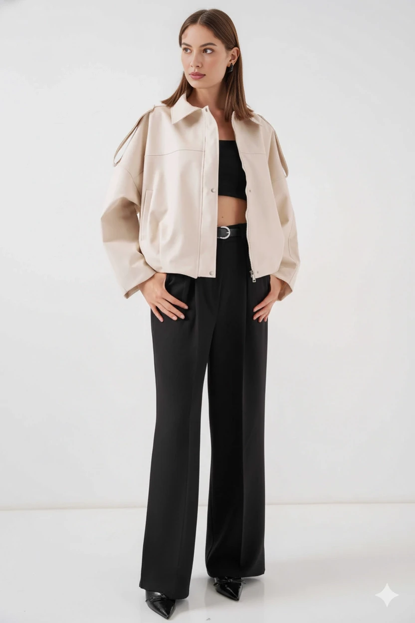 Kadın Ekru Oversize Fermuarlı ve Düğmeli Yandan Cepli Suni Deri Ceket HZL25W-BD110551