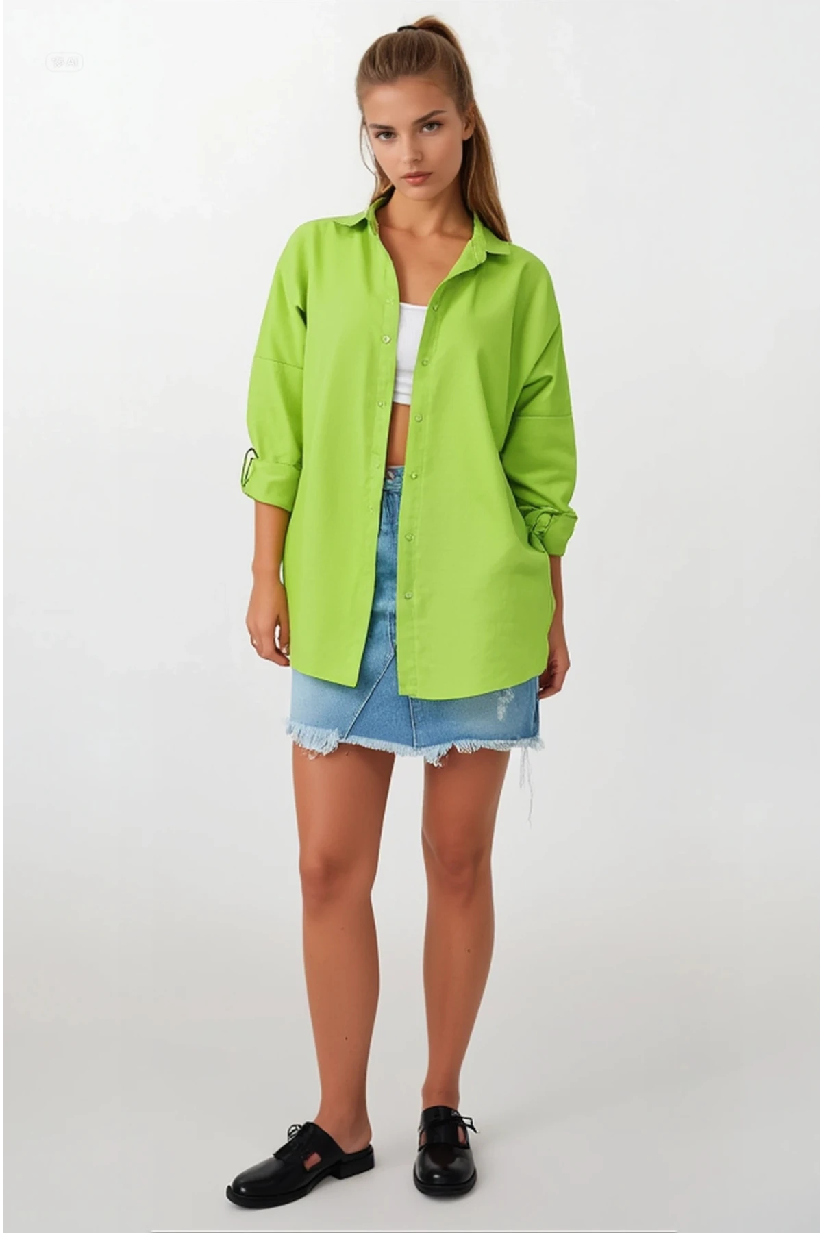 Kadın Fıstık Yeşili Oversize Uzun Basic Gömlek HZL22W-BD139001