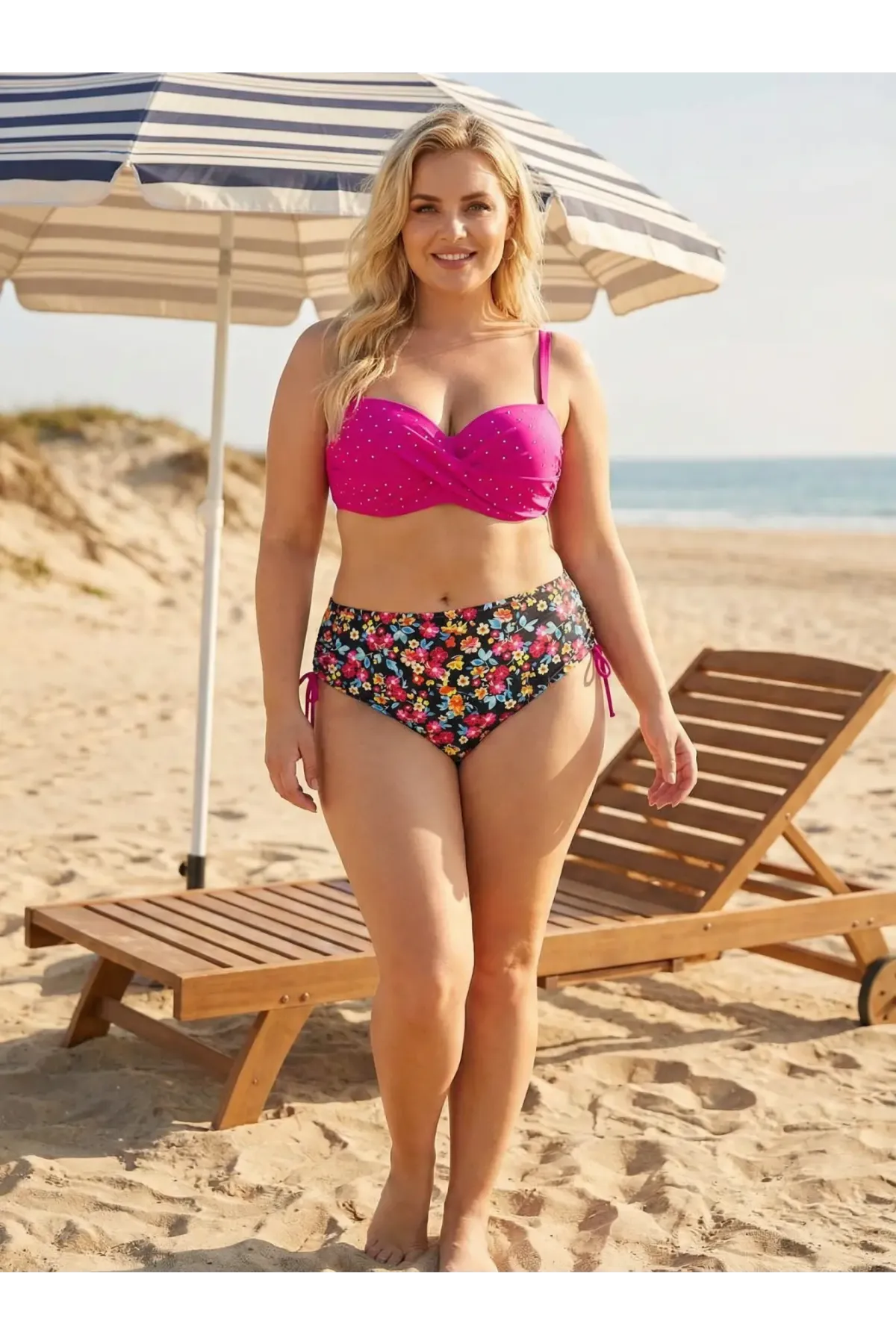 Kadın Fuşya Çiçek Desenli Taş İşlemeli Büyük Beden Astarlı Bikini Takım HZL25S-LC3312