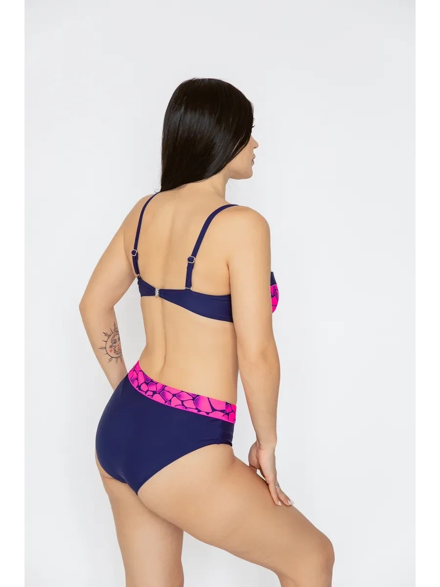 Kadın Fuşya Lacivert Desenli Astarlı Bikini Takımı HZL25S-LC25143