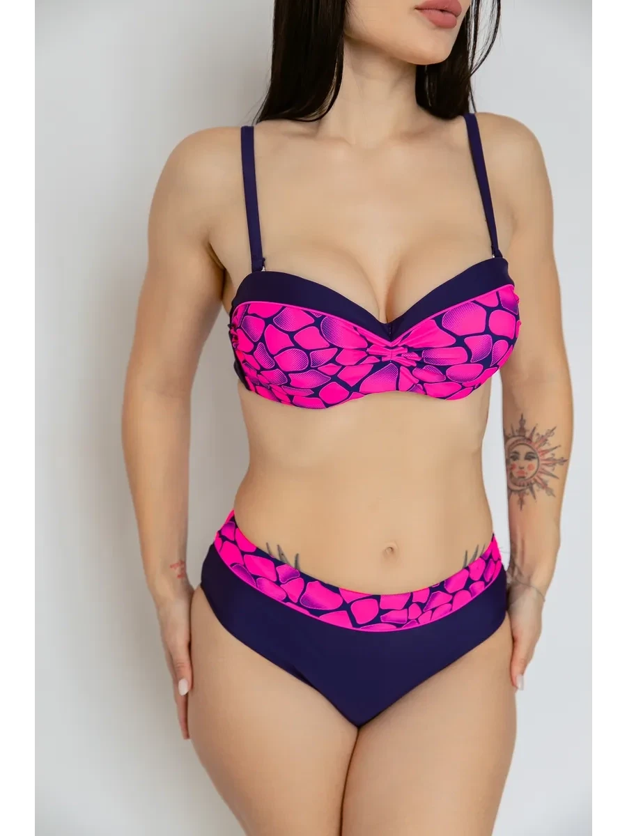 Kadın Fuşya Lacivert Desenli Astarlı Bikini Takımı HZL25S-LC25143