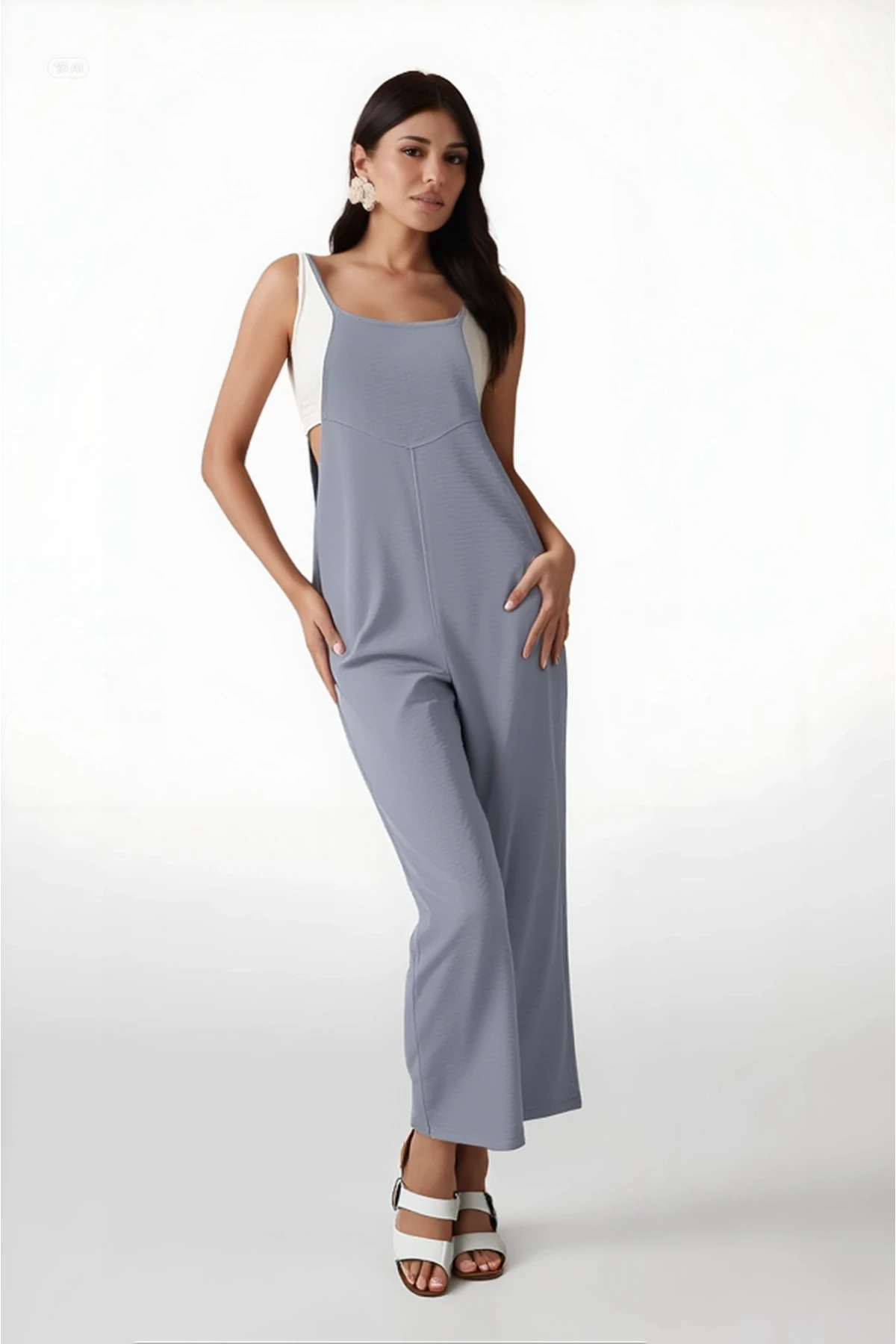 Kadın Gri Ayarlanabilir Askılı Cepli Bol Paça Bahçıvan Tulum HZL22S-BD170191