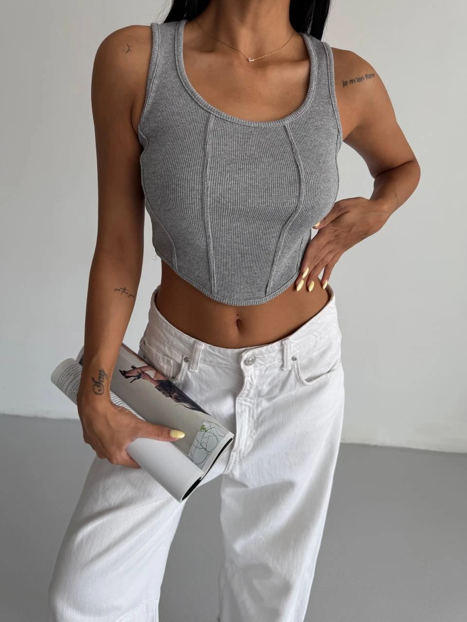 Kadın Gri Fitilli Kaşkorse Crop Bluz HZL25S-FRY123171