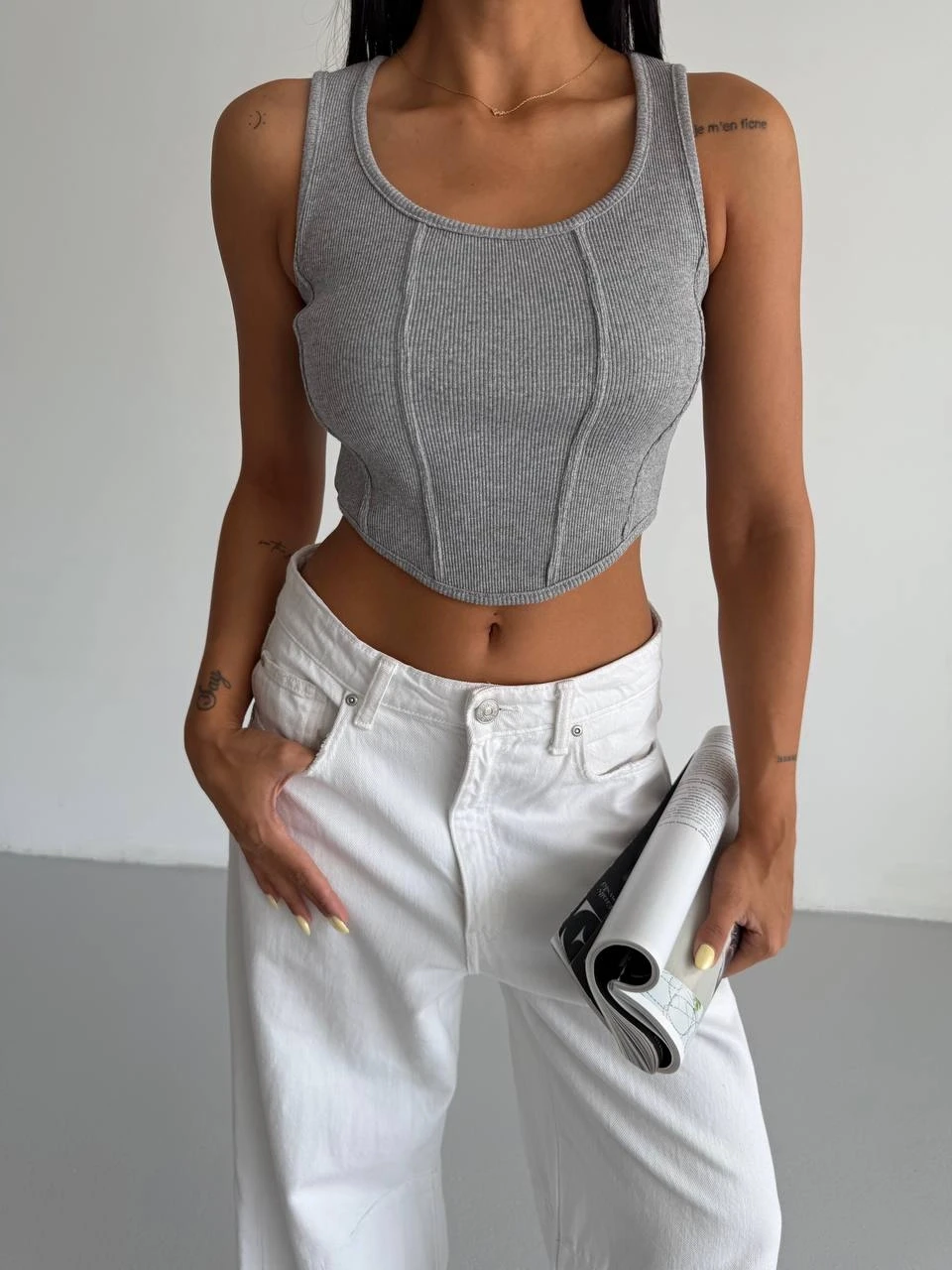 Kadın Gri Fitilli Kaşkorse Crop Bluz HZL25S-FRY123171