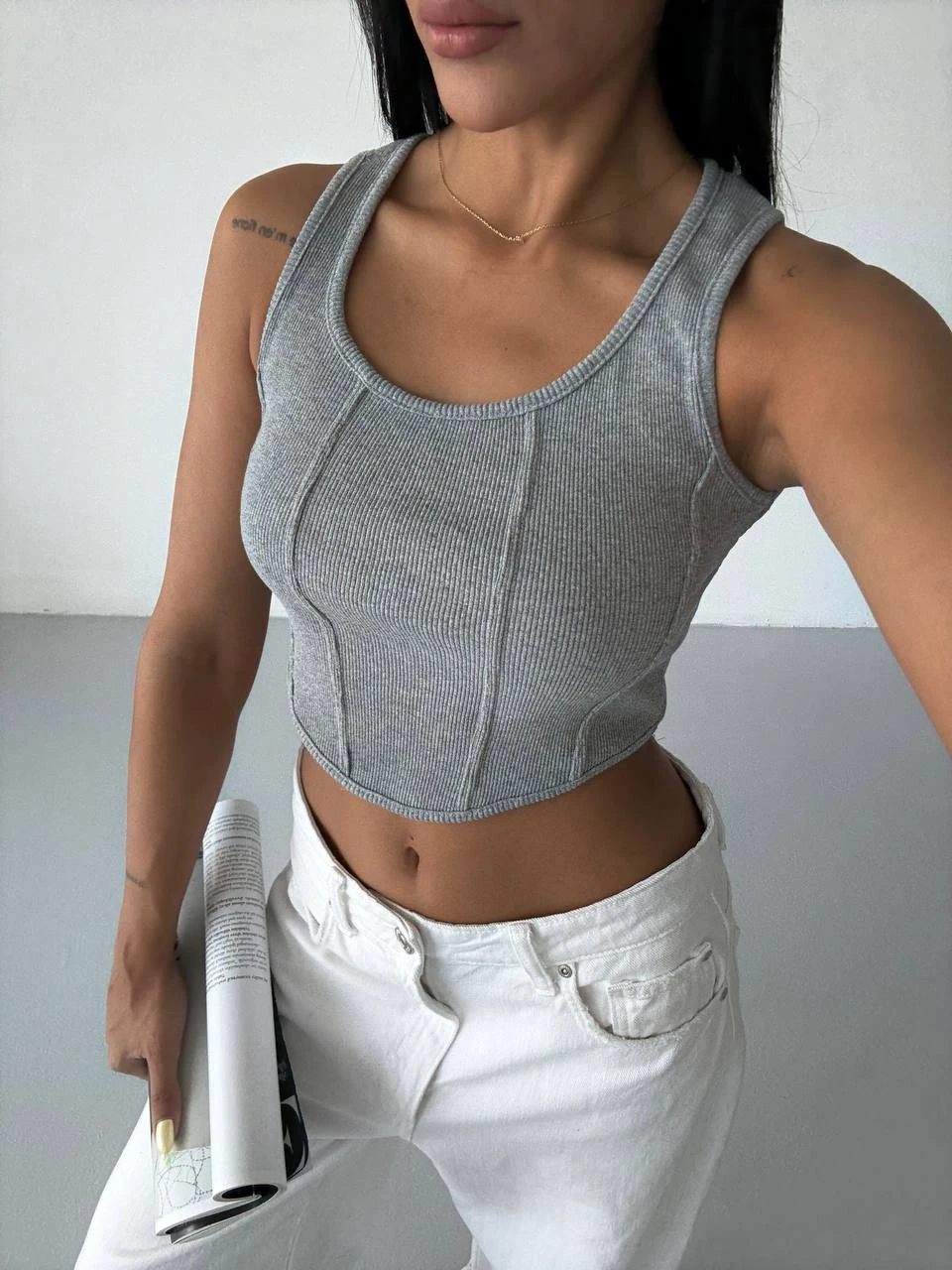 Kadın Gri Fitilli Kaşkorse Crop Bluz HZL25S-FRY123171