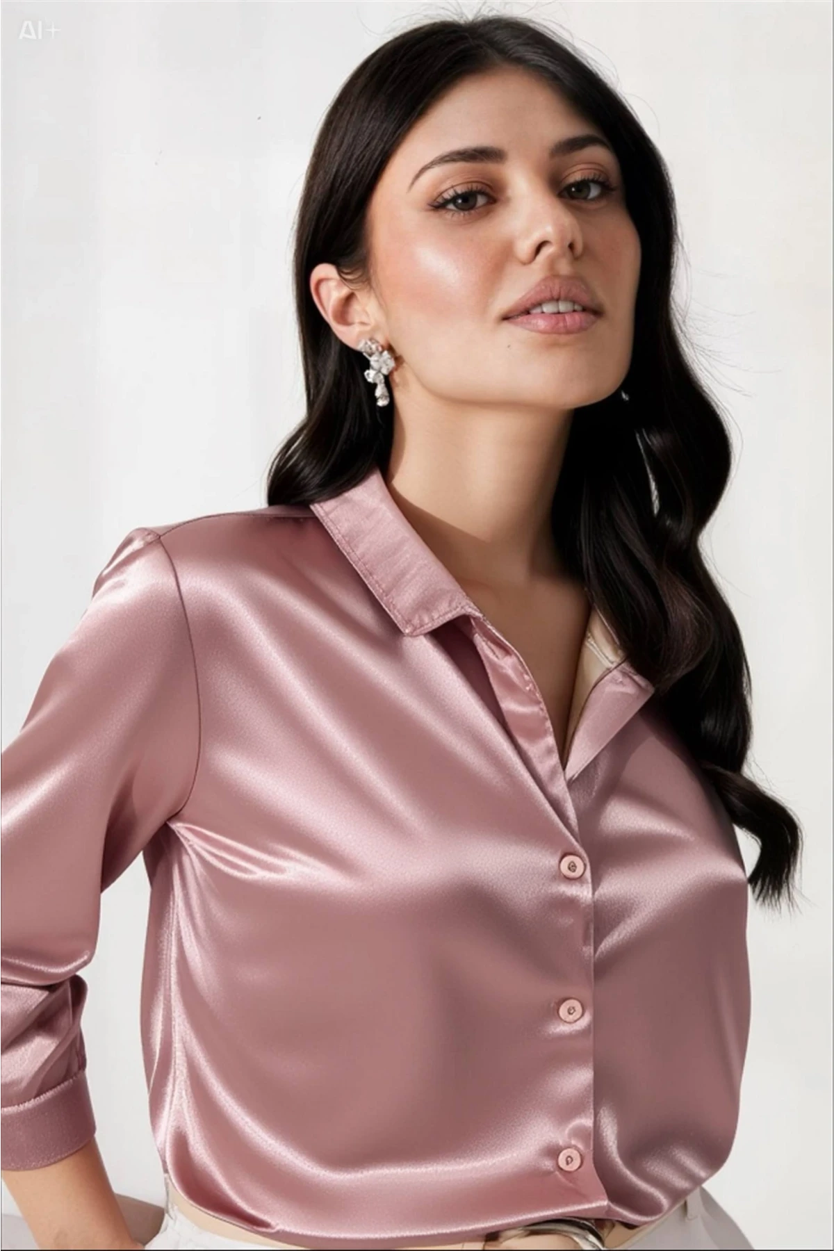 Kadın Gül Kurusu Hafif Dökümlü Saten Yüzeyli Gömlek HZL22W-BD139641