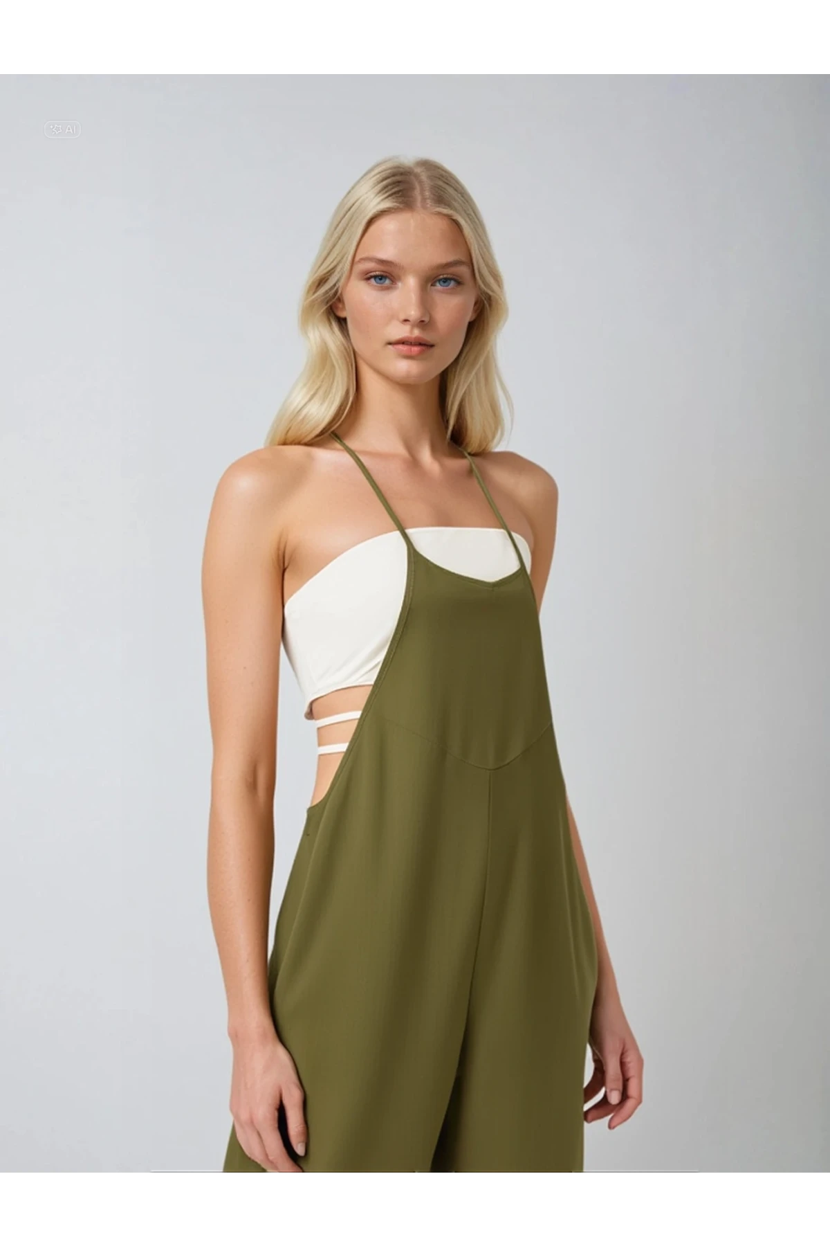 Kadın Haki Ayarlanabilir Askılı Cepli Bol Paça Bahçıvan Tulum HZL22S-BD170191